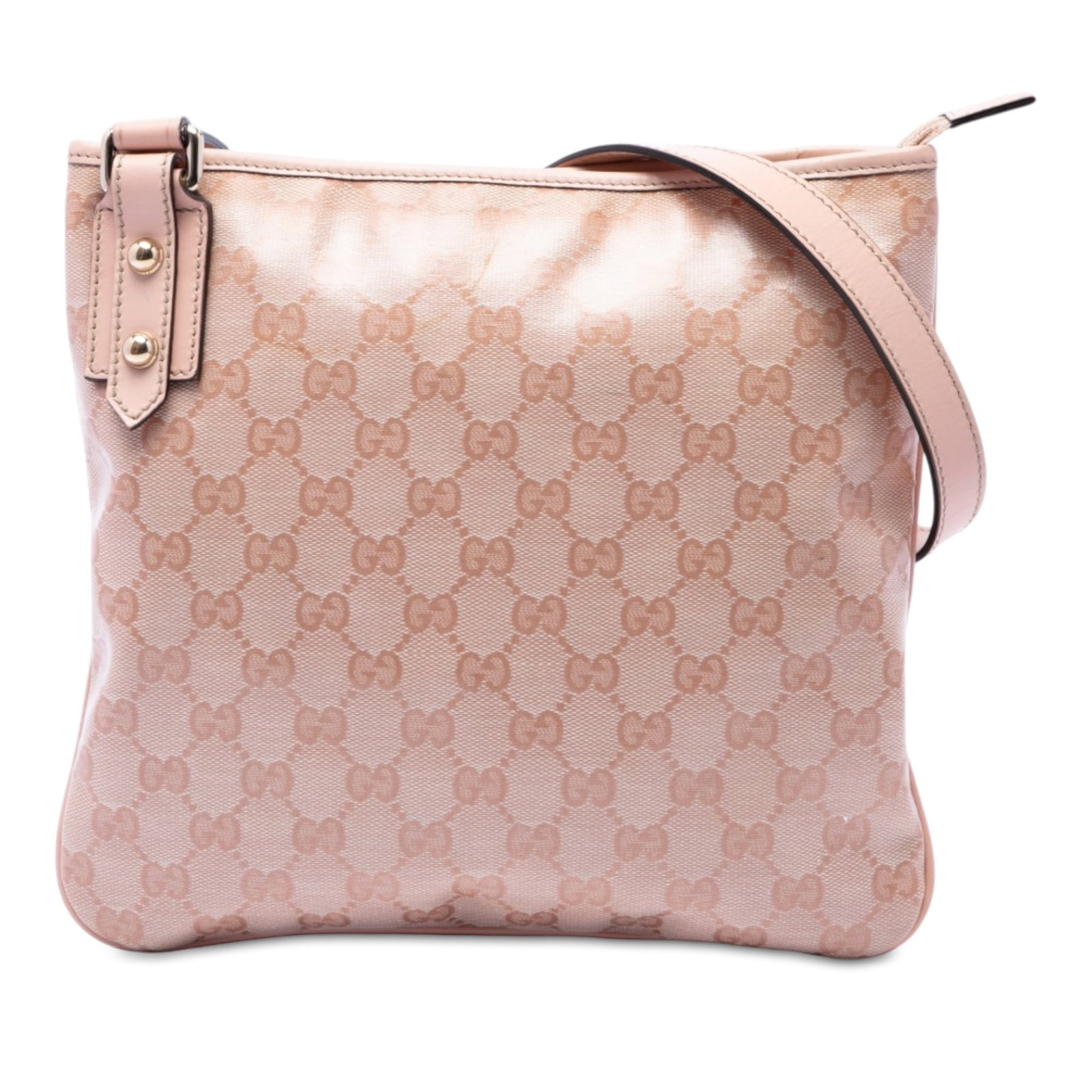 Gucci GG Crystal Pink Crossbody Bag Coated Canvas Leather Trim: Gucci GG Crystal Pink Crossbody Bag Coated Canvas Leather Trim Gucci GG Crystal Crossbody in pink with a coated canvas body and leather trim. This crossbody bag features an adjustable flat leather sho