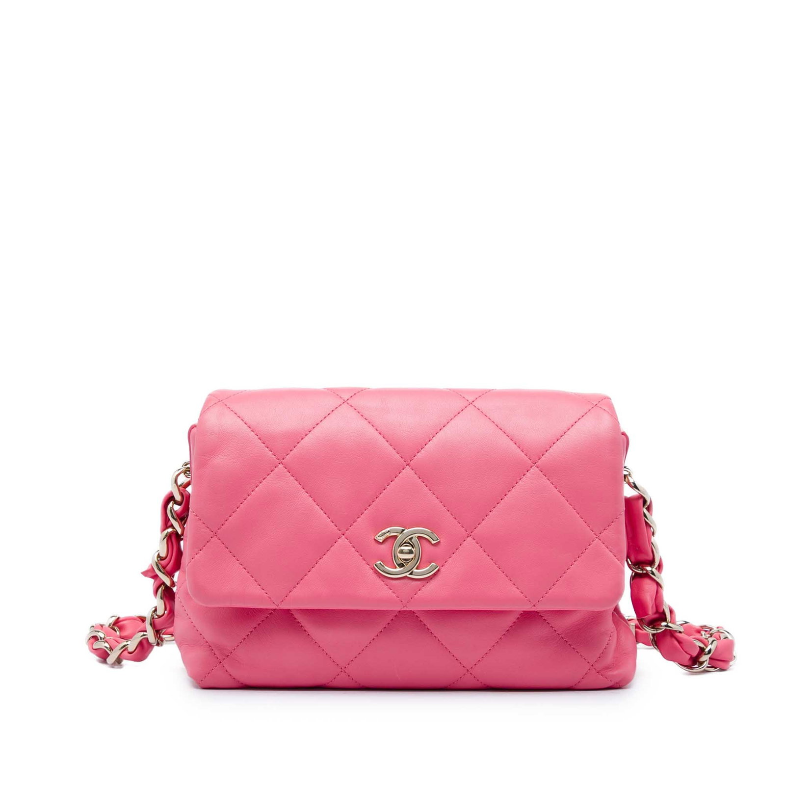 Chanel pink quilted lambskin shoulder bag with CC turn lock: Chanel pink quilted lambskin shoulder bag with CC turn lock A Chanel small flap shoulder bag crafted in pink quilted lambskin leather. It features a leather-woven chain link strap with logo details, a