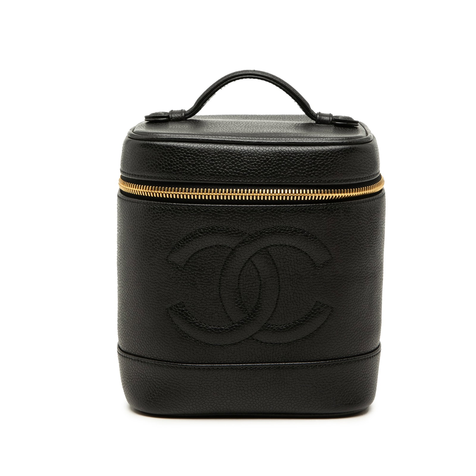 Chanel CC Vanity Bag in Black Caviar Leather: Chanel CC Vanity Bag in Black Caviar Leather Chanel CC Caviar Vanity Bag in black caviar leather with a structured silhouette, flat top handle, zip-around closure, and an interior slip pocket. Made in
