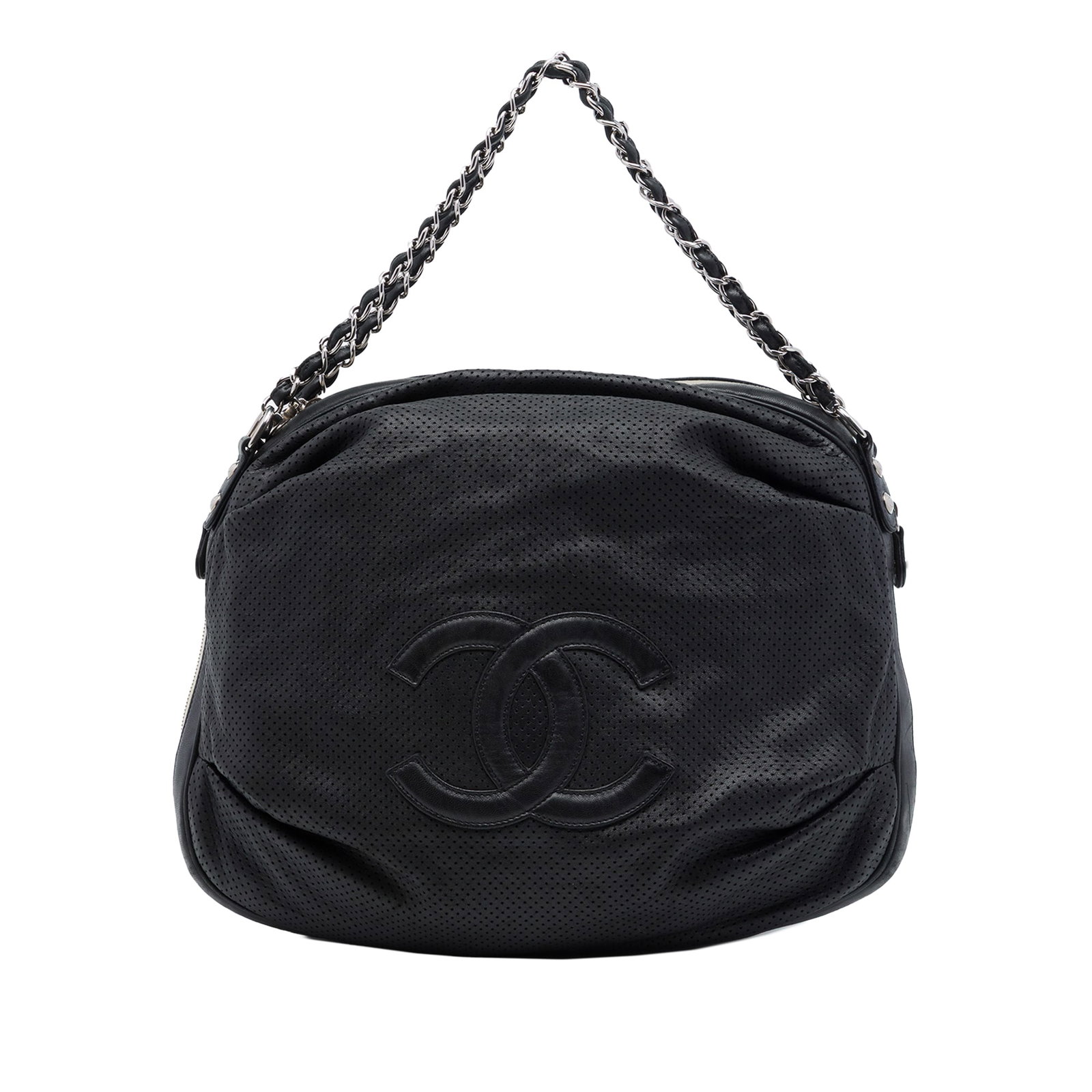 Chanel Baseball Spirit Ligne Perforated Lambskin Hobo Bag: Chanel Baseball Spirit Ligne Perforated Lambskin Hobo Bag A Chanel Baseball Spirit Ligne hobo bag crafted in perforated lambskin leather. This black hobo features interwoven chain straps, a top zip-ar