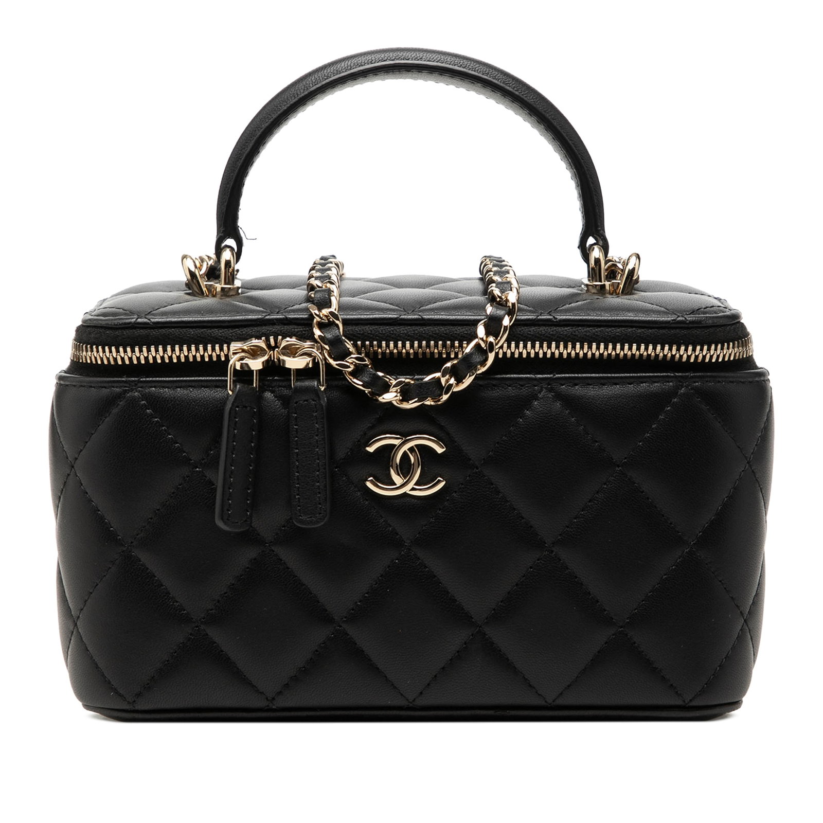 Chanel Vanity Case Small Lambskin Top Handle Chain Bag: Chanel Vanity Case Small Lambskin Top Handle Chain Bag Compact and structured, this Chanel Small Lambskin Top Handle Vanity Case with Chain is crafted in black lambskin leather with a flat top handle 