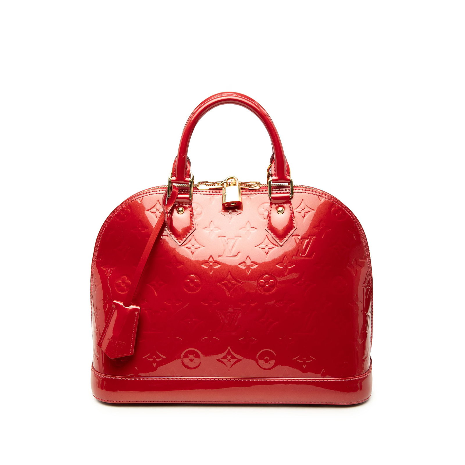 Louis Vuitton Alma PM Monogram Vernis Leather Handbag Red: Louis Vuitton Alma PM Monogram Vernis Leather Handbag Red Louis Vuitton Alma PM handbag in red Monogram Vernis leather with rolled leather handles, a top zip closure, and interior slip pockets. Made i