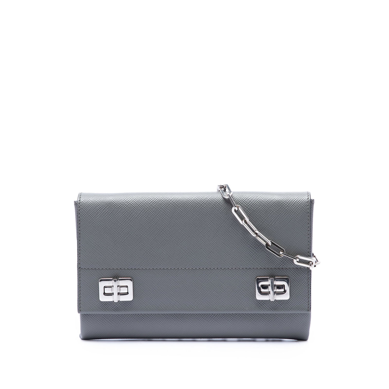 Prada Saffiano Cuir Leather Crossbody Bag with Chain Strap: Prada Saffiano Cuir Leather Crossbody Bag with Chain Strap Prada Saffiano Cuir Twist Lock Chain Flap crossbody bag in gray leather with a structured flap silhouette, dual turn lock closures, chain lin