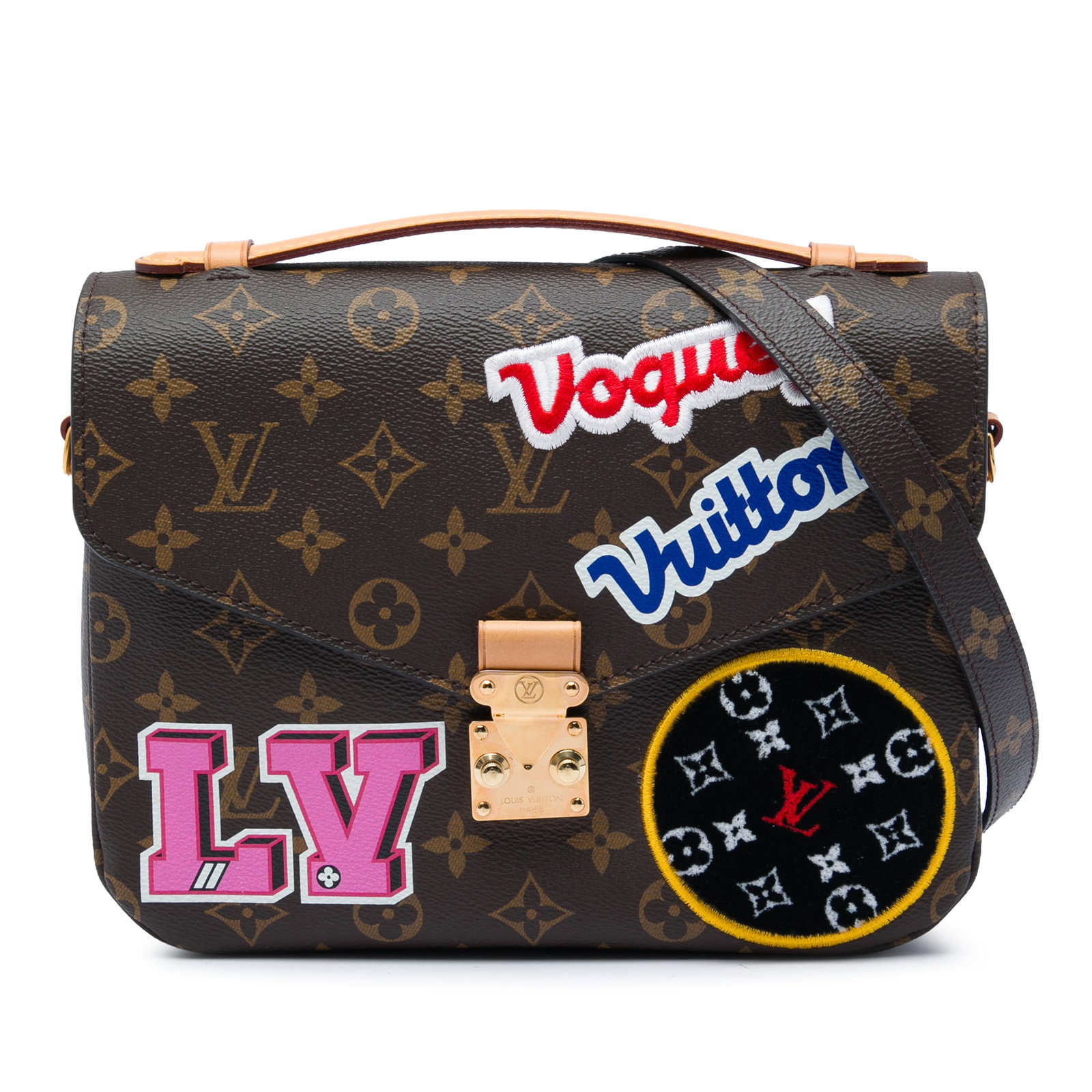 Louis Vuitton Pochette Metis Monogram Patch Shoulder Bag: Louis Vuitton Pochette Metis Monogram Patch Shoulder Bag Louis Vuitton Monogram Patches Pochette Metis in brown monogram canvas with patch detailing. This bag features a flat vachetta leather top hand
