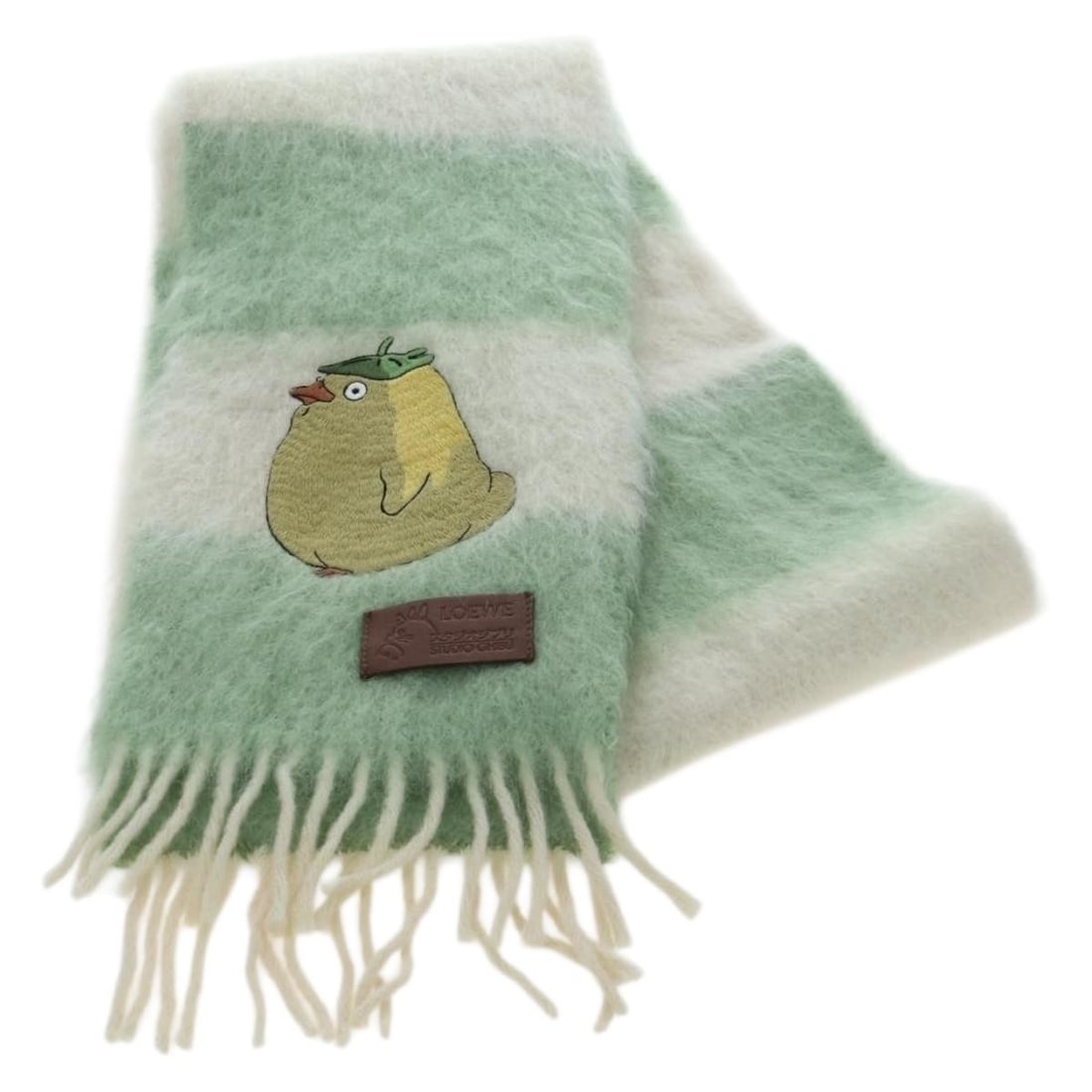 LOEWE Studio Ghibli Ootori Mohair Scarf in Green: LOEWE Studio Ghibli Ootori Mohair Scarf in Green LOEWE x Studio Ghibli Spirited Away Ootori scarf in green wool. Made in Spain, this women's scarf is presented in pristine condition with no remarkable