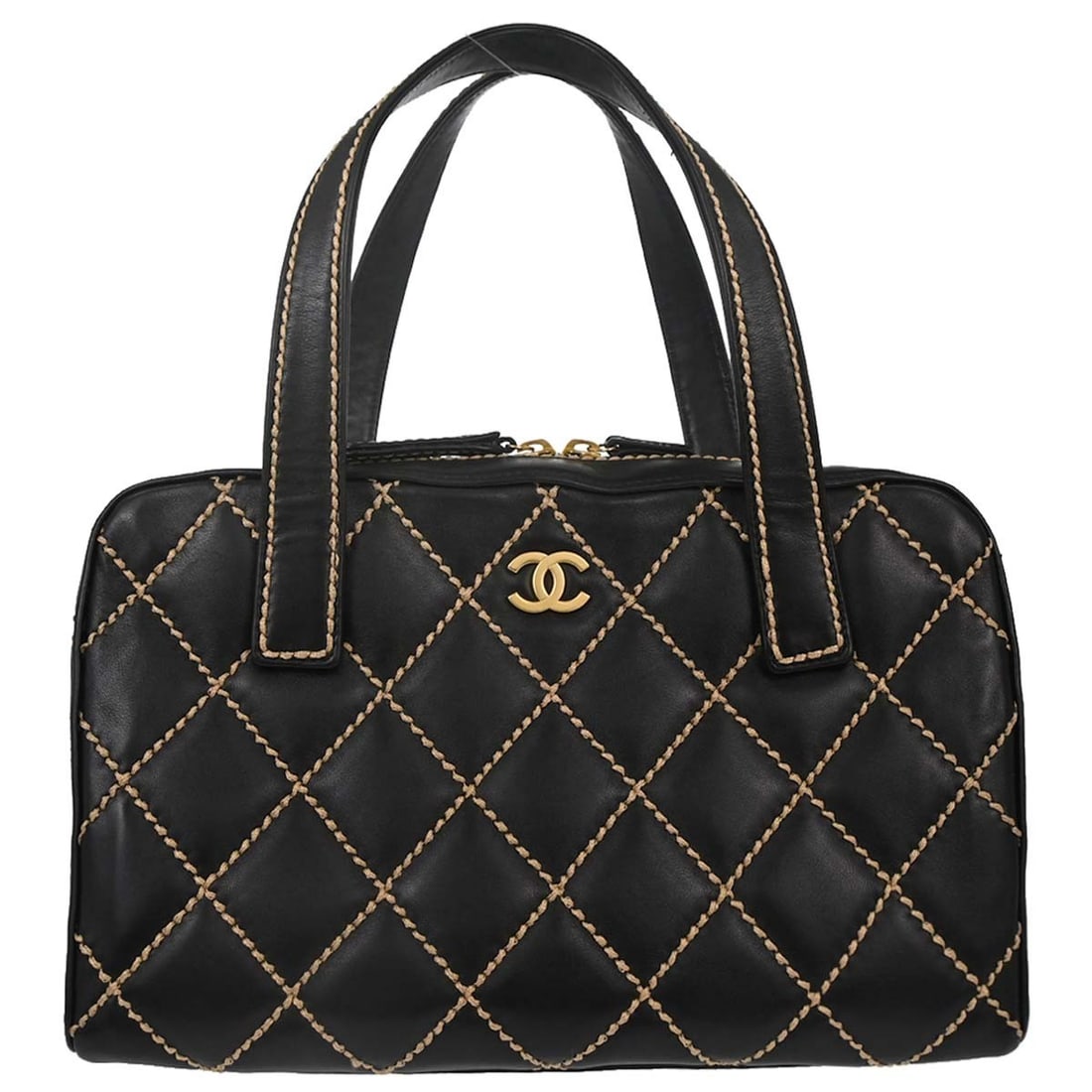 CHANEL Wild Stitch Black Calfskin Zip Top Handle Bag: CHANEL Wild Stitch Black Calfskin Zip Top Handle Bag Chanel Wild Stitch handbag in black quilted calfskin leather with a zip closure and top handle design. This medium handbag features an exterior poc