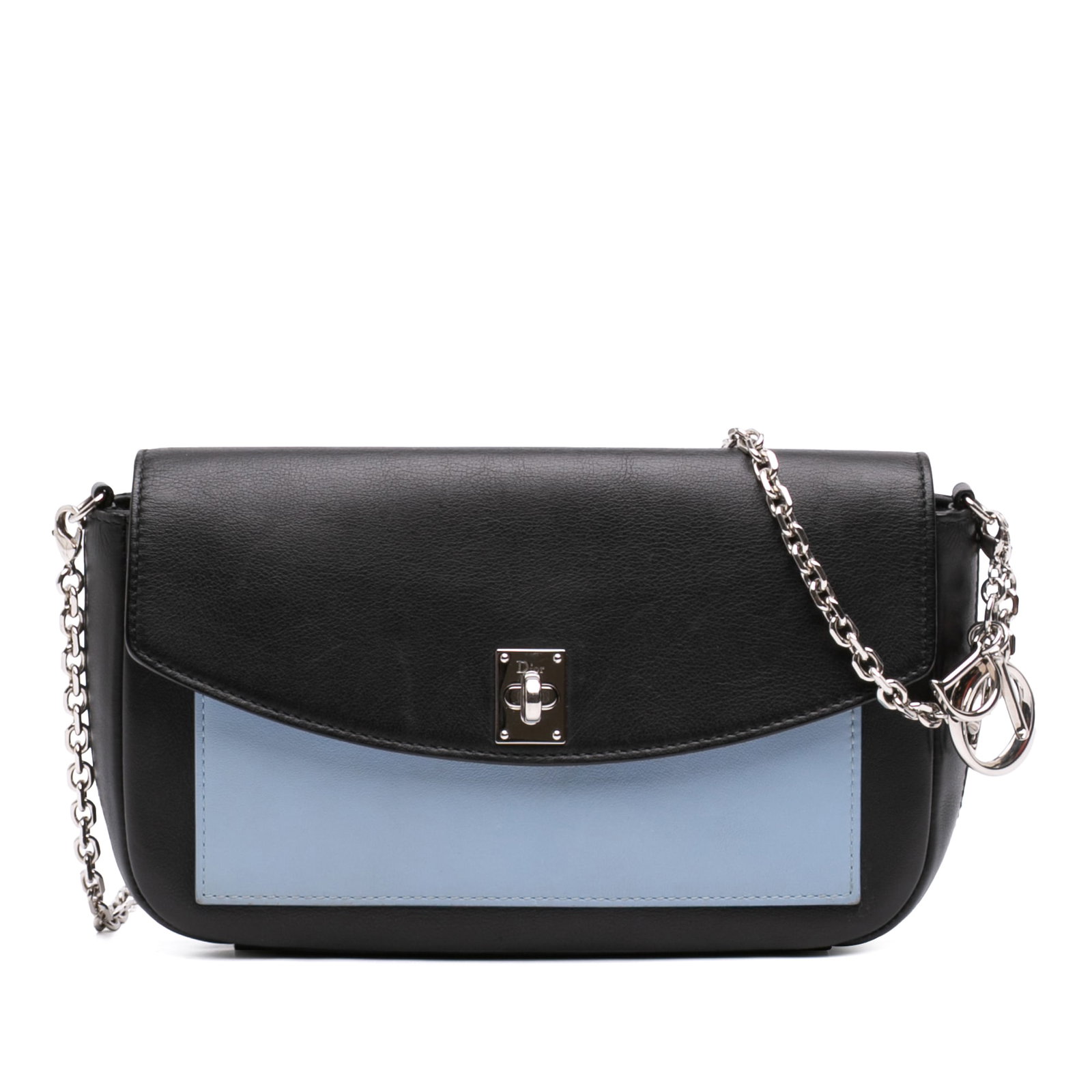 Dior Wallet on Chain in Tricolor Leather with Turn Lock: Dior Wallet on Chain in Tricolor Leather with Turn Lock A Dior tricolor leather wallet on chain with a structured crossbody design and signature turn lock front flap. It features a silver-tone curb ch