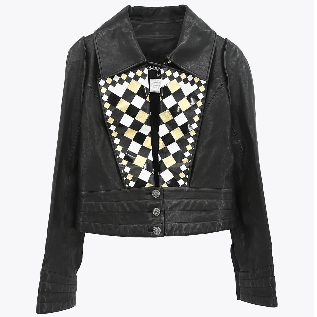 Chanel black lambskin jacket women size 38 single breasted: Chanel black lambskin jacket women size 38 single breasted Vintage Chanel single-breasted jacket in black lambskin. This women's mid-length jacket features long sleeves, a regular fit, and logo accent