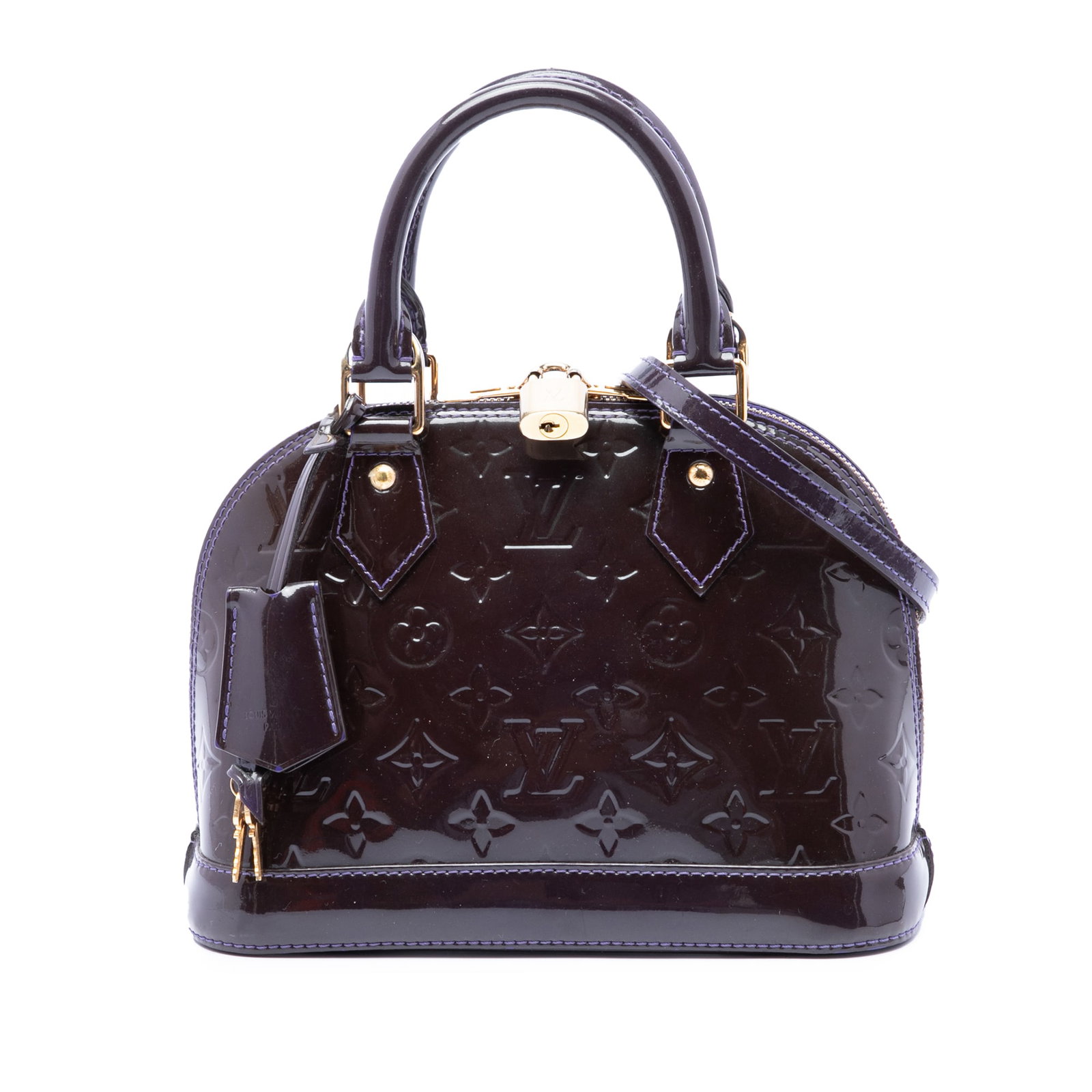 Louis Vuitton Alma BB Monogram Vernis Purple Leather Bag: Louis Vuitton Alma BB Monogram Vernis Purple Leather Bag Louis Vuitton Alma BB in Monogram Vernis leather with rolled leather handles, a detachable flat strap, two-way zip top closure, and an interior