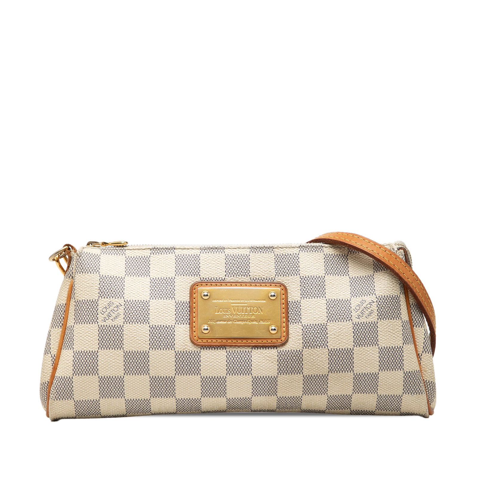 Louis Vuitton Eva Damier Azur shoulder bag: Louis Vuitton Eva Damier Azur shoulder bag A Louis Vuitton Damier Azur Eva bag from France with a damier canvas body, detachable flat vachetta leather strap, and top zip closure. The bag shows visible