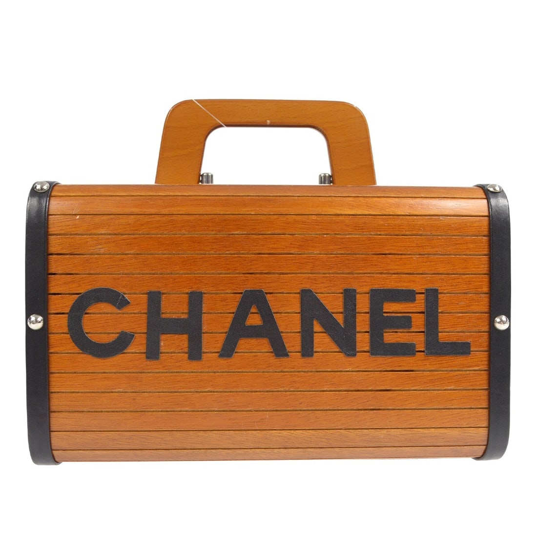 CHANEL Vanity Top Handle Bag in Brown Black Wood Leather: CHANEL Vanity Top Handle Bag in Brown Black Wood Leather Chanel vanity handbag in brown and black with a structured wooden and leather design, top handle, logo accent, and interior pockets. Made in Fr