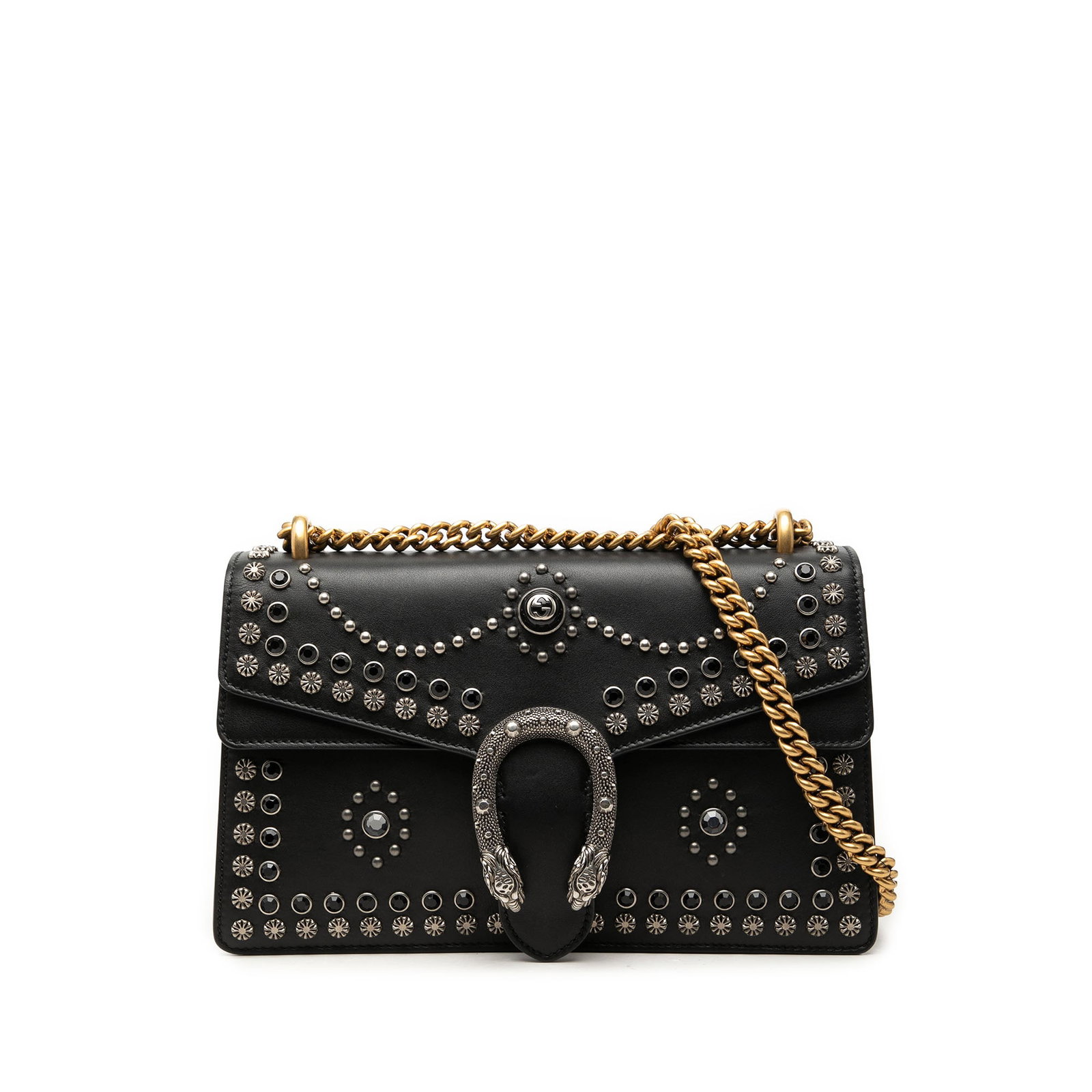 Gucci Dionysus medium black calfskin shoulder bag with studs: Gucci Dionysus medium black calfskin shoulder bag with studs Gucci Dionysus medium shoulder bag in black calfskin leather with stud detailing. The bag features a chain link strap, a front flap with sn