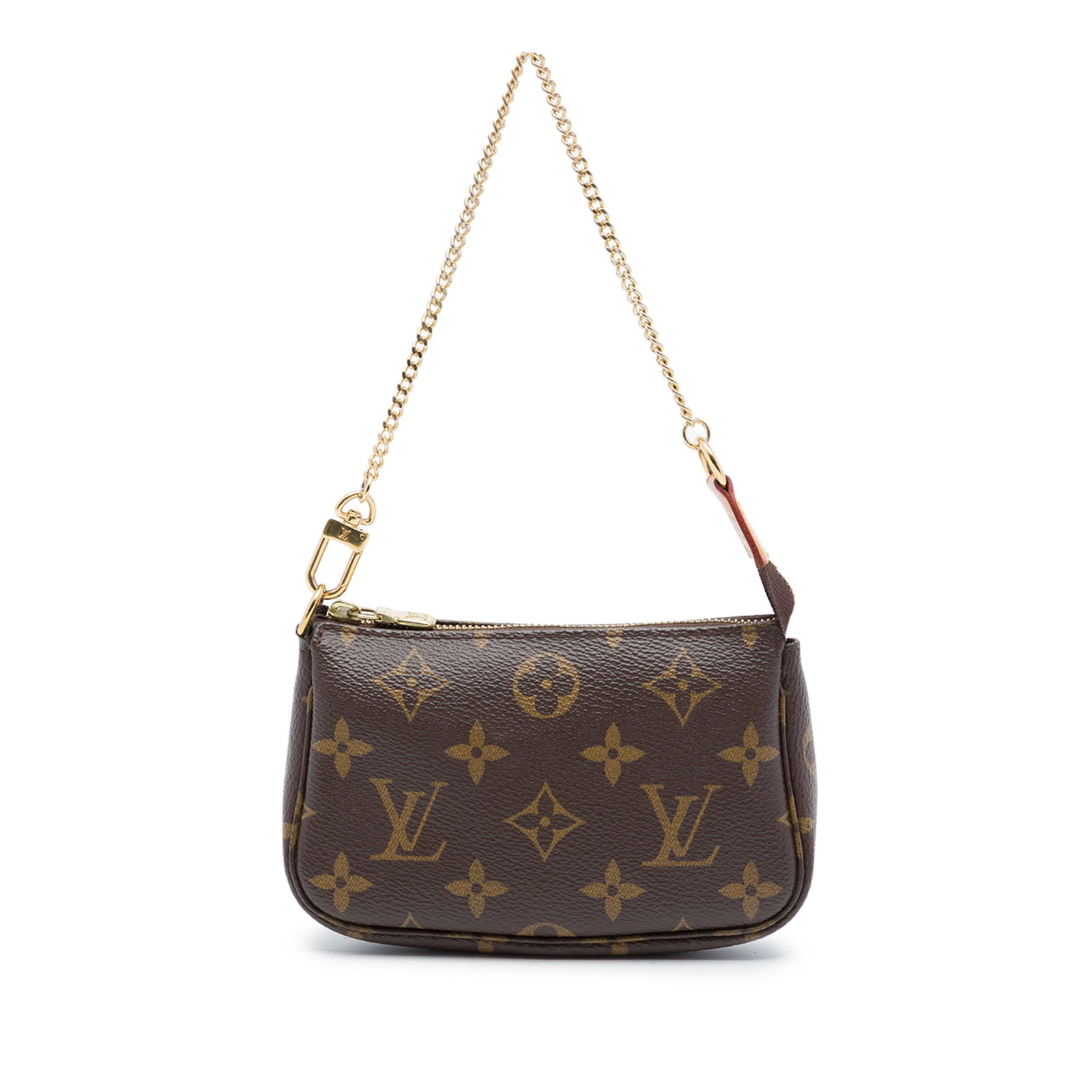 Louis Vuitton Monogram Mini Pochette Bag with Chain Strap: Louis Vuitton Monogram Mini Pochette Bag with Chain Strap Compact and recognizable, this Louis Vuitton Monogram Mini Pochette Accessoires is crafted with a monogram canvas body, a gold-tone chain stra