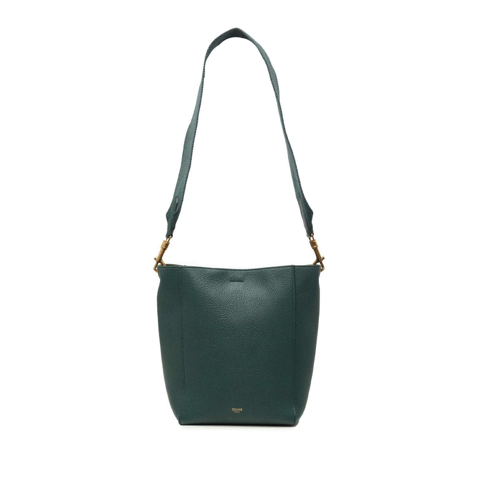 Celine Seau Sangle Small Bucket Bag in Green Calfskin: Celine Seau Sangle Small Bucket Bag in Green Calfskin A Celine Small Seau Sangle bucket bag crafted in soft grained calfskin leather. This Italy-made bag features a leather body, a flat canvas strap, 