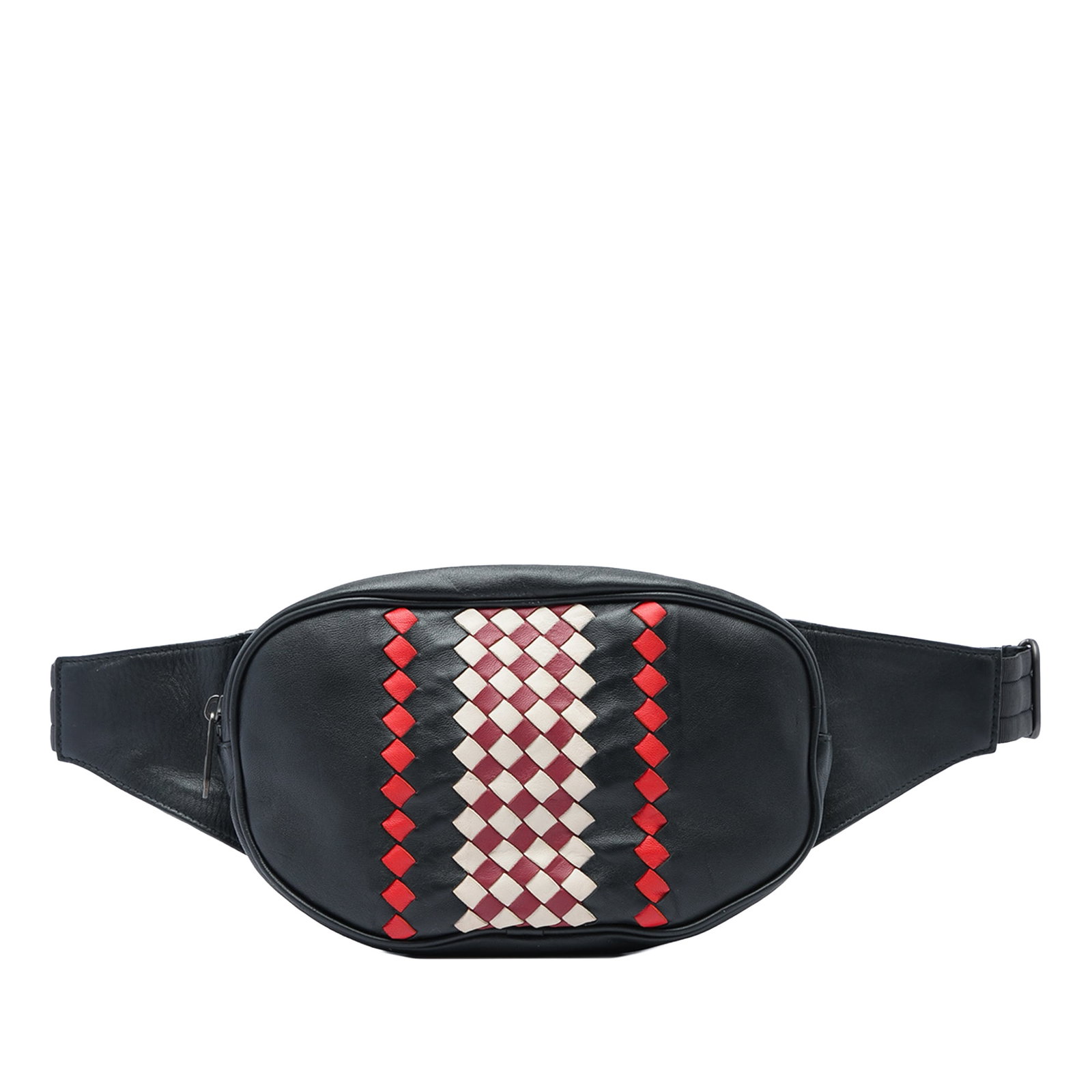 Bottega Veneta Intrecciato Nappa Leather Belt Bag Black: Bottega Veneta Intrecciato Nappa Leather Belt Bag Black A Bottega Veneta belt bag crafted in black nappa leather with Intrecciato trim. It features a woven leather body, an adjustable flat leather wai