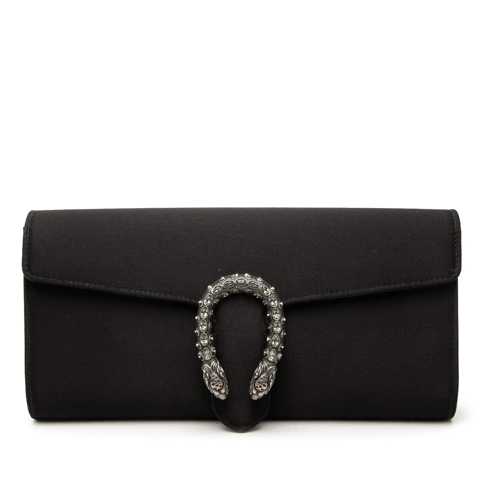 Gucci Dionysus satin flap clutch bag in black: Gucci Dionysus satin flap clutch bag in black Gucci Satin Dionysus Clutch in black fabric with a satin body, flap front, magnetic snap closure, and an interior slip pocket. Made in Italy. Condition is