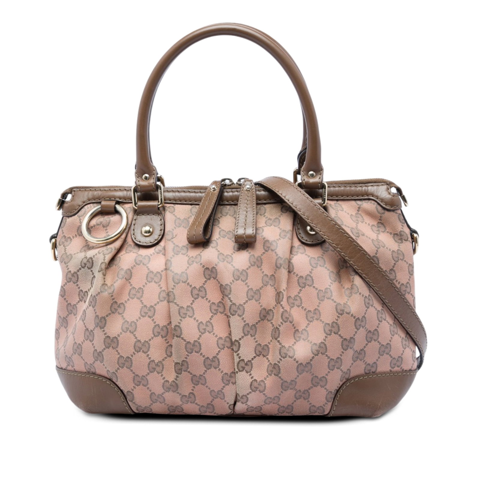Gucci Sukey Satchel Beige GG Canvas and Leather Bag: Gucci Sukey Satchel Beige GG Canvas and Leather Bag A Gucci GG Canvas Sukey satchel crafted with a canvas body and leather trim. This bag features rolled leather handles, a detachable flat leather str