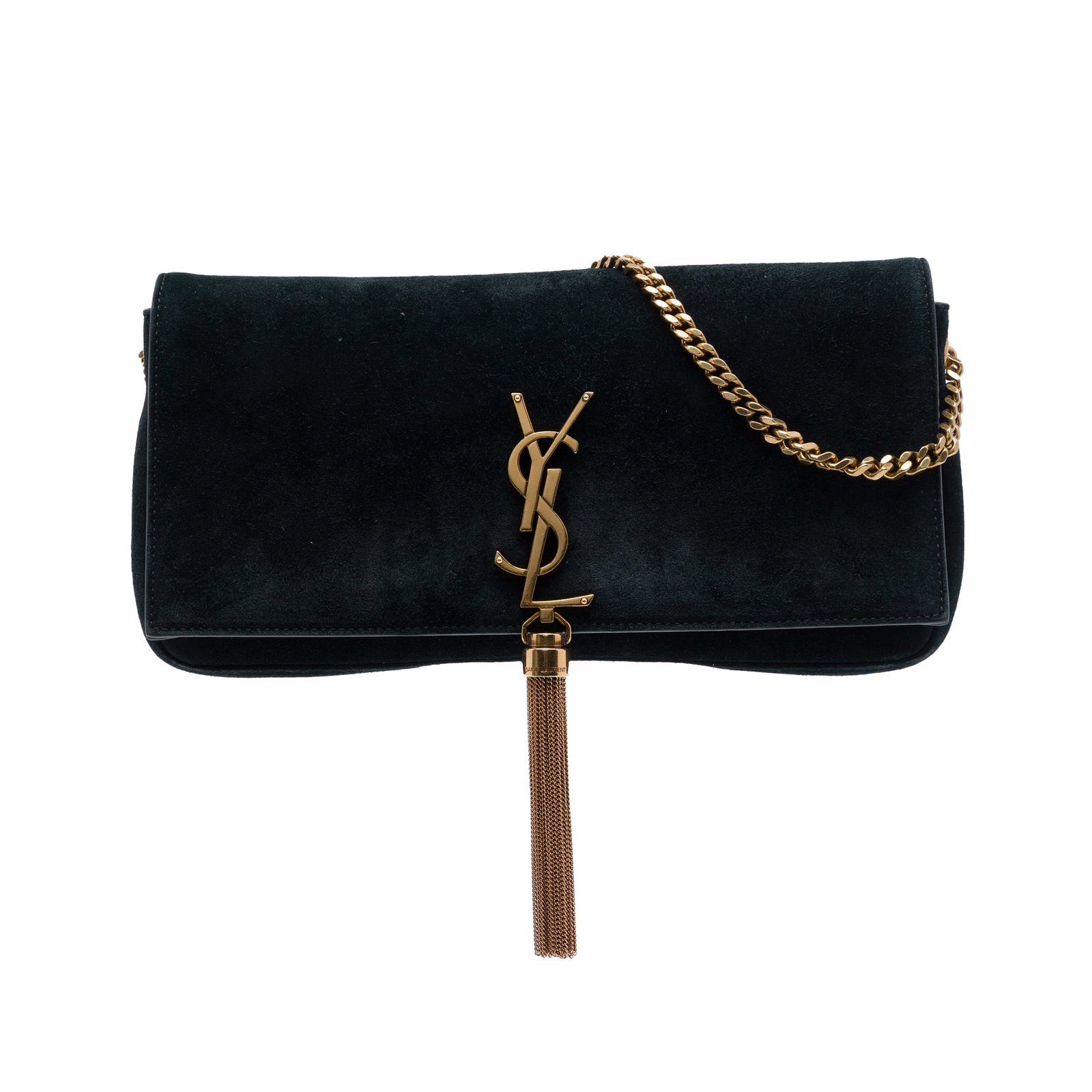 Black Suede Shoulder Bag Saint Laurent Kate 99 Monogram Tassel: Black Suede Shoulder Bag Saint Laurent Kate 99 Monogram Tassel The Saint Laurent Suede Monogram Kate 99 Tassel Bag is crafted in black suede leather and features a chain link strap, a front flap with 
