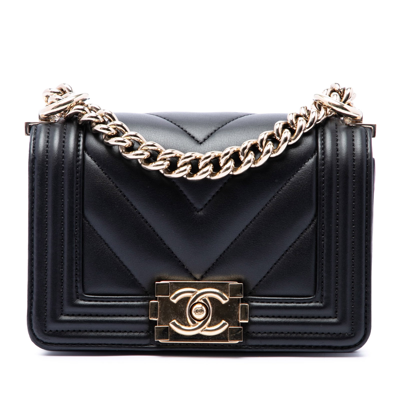Chanel Boy Flap Mini Chevron Lambskin Shoulder Bag Black: Chanel Boy Flap Mini Chevron Lambskin Shoulder Bag Black A compact Chanel Boy Flap bag crafted in black quilted lambskin leather. This mini bag features a curb chain with a flat leather shoulder strap