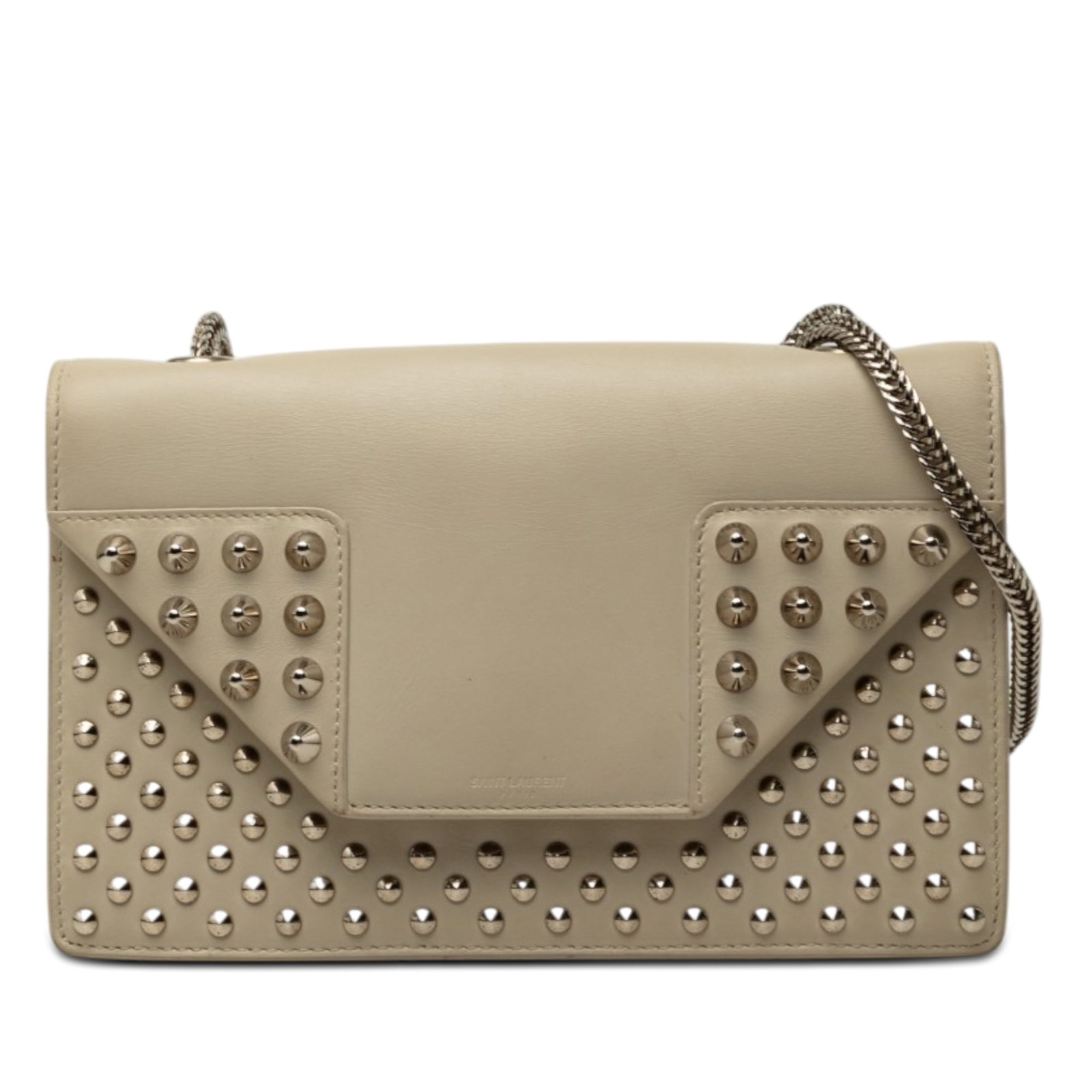 Saint Laurent Betty Mini Crossbody Bag Studded Beige Leather: Saint Laurent Betty Mini Crossbody Bag Studded Beige Leather A Saint Laurent Mini Studded Leather Betty Crossbody in beige leather with stud detailing and a chain link strap. The bag features a front 
