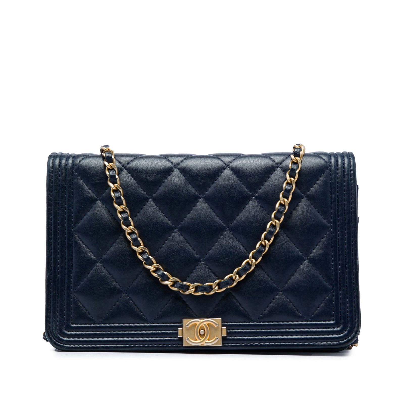 Chanel Boy Wallet On Chain Blue Quilted Lambskin Leather Bag: Chanel Boy Wallet On Chain Blue Quilted Lambskin Leather Bag A Chanel Boy Wallet On Chain crafted in blue quilted lambskin leather. This compact bag features a leather-woven chain strap, a front flap 