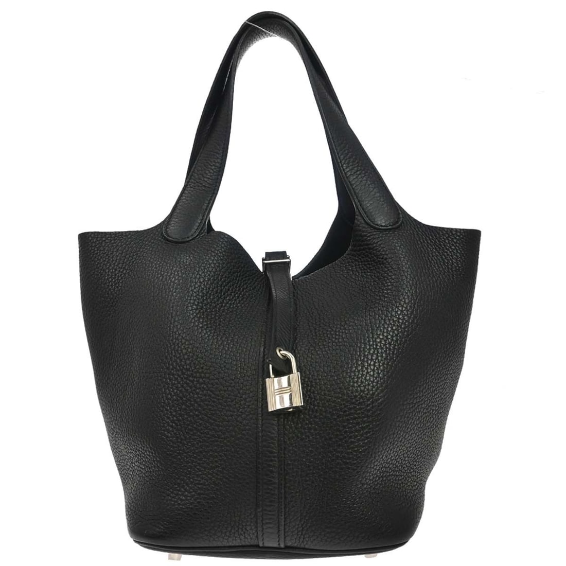 Hermes Picotin MM 22 Black Togo Hand Bag with Lock: Hermes Picotin MM 22 Black Togo Hand Bag with Lock Hermes Picotin Lock 22 MM handbag in black Togo leather with double handles, a buckle closure, and lock accent. The interior is lined in leather sued