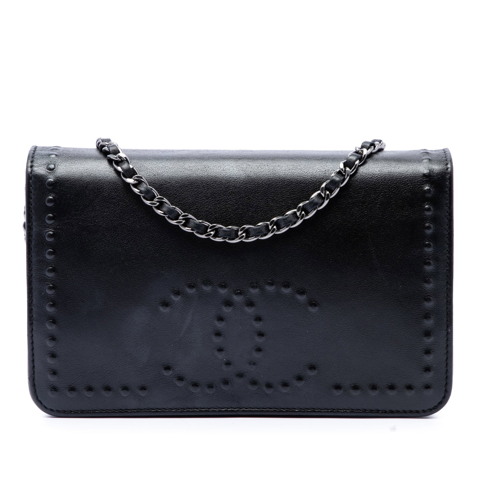 Chanel CC Embossed Lambskin Flap Wallet on Chain Black: Chanel CC Embossed Lambskin Flap Wallet on Chain Black A Chanel CC embossed lambskin wallet on chain in black. This bag features a lambskin leather body, a leather-woven chain strap, a front flap with