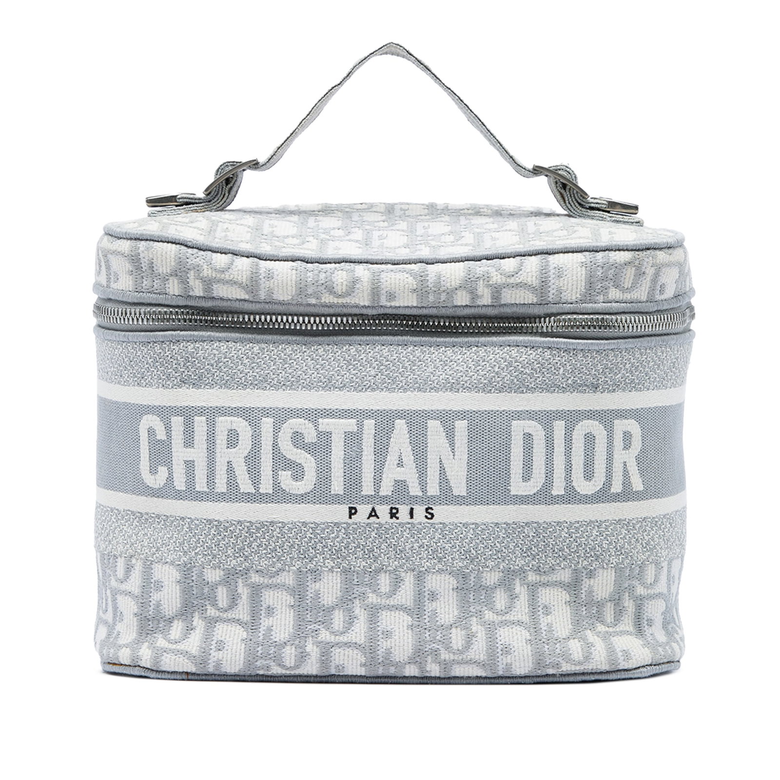 Dior Oblique Diortravel Vanity Case Gray Embroidered Canvas: Dior Oblique Diortravel Vanity Case Gray Embroidered Canvas Dior Oblique Diortravel vanity case in gray embroidered canvas with a structured silhouette and practical interior organization. It features
