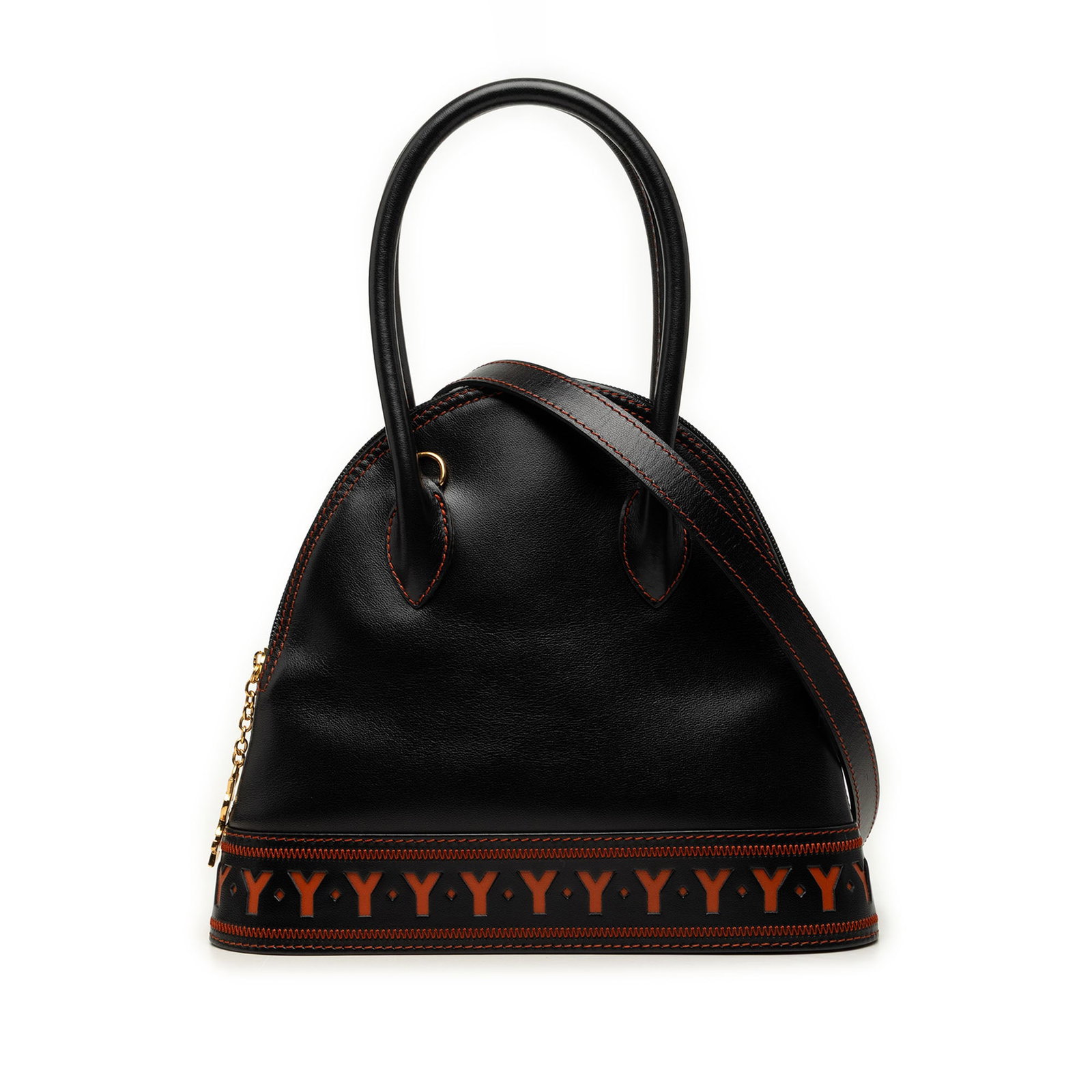 Black Leather Satchel Saint Laurent Y Cutout: Black Leather Satchel Saint Laurent Y Cutout Saint Laurent Y Cutout satchel in black leather with a rolled top handle, flat shoulder strap, zip-around closure, and an interior zip pocket. Made in Fran