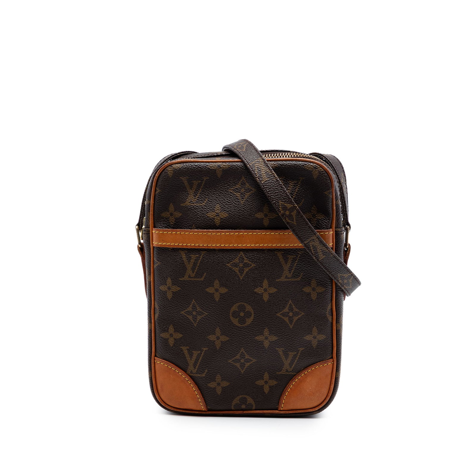 Louis Vuitton Danube Monogram Shoulder Bag Brown Canvas: Louis Vuitton Danube Monogram Shoulder Bag Brown Canvas The Louis Vuitton Monogram Danube is a compact shoulder bag with a classic monogram canvas body, leather-trimmed adjustable shoulder strap, exte