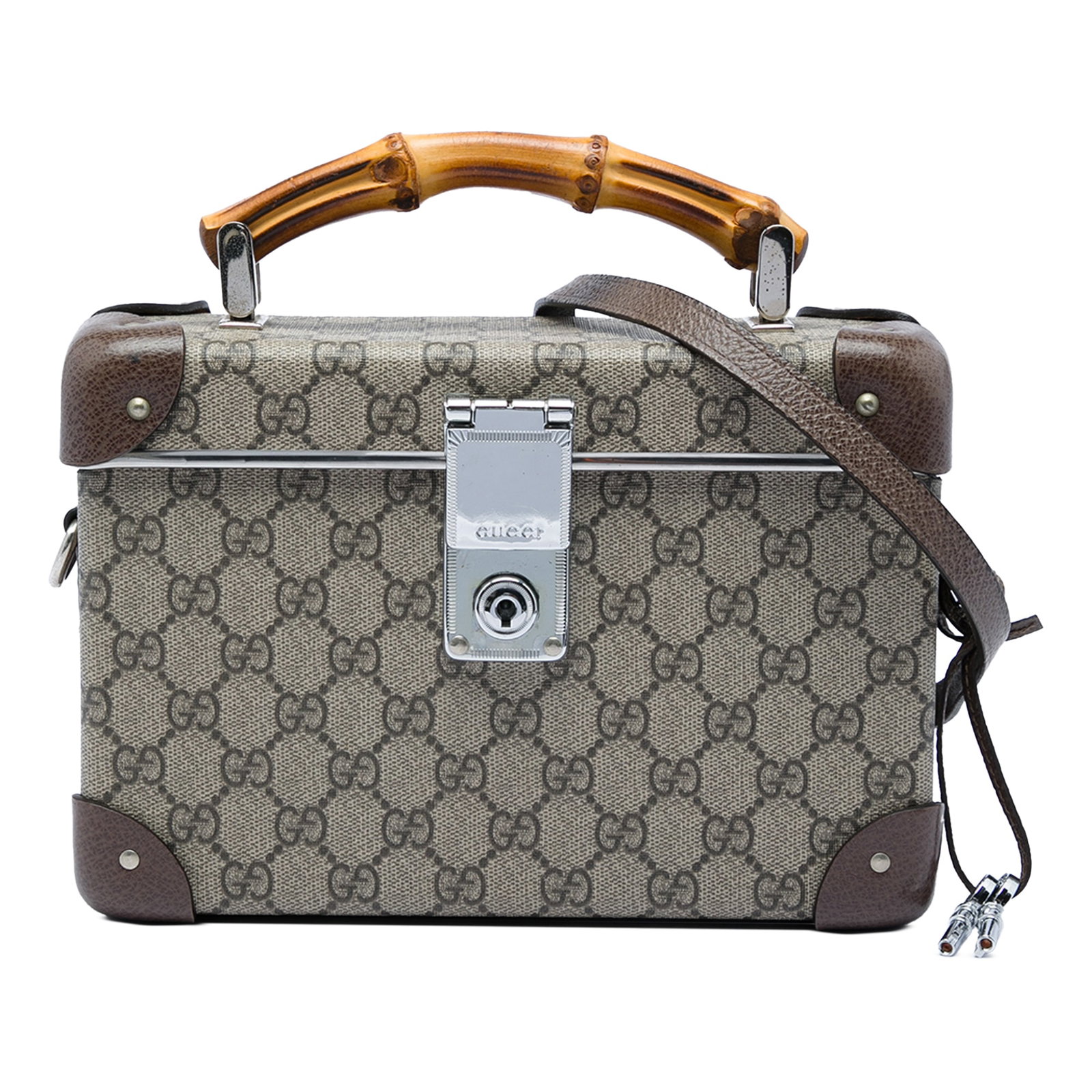Gucci GG Supreme Bamboo Vanity Bag with Leather Trim: Gucci GG Supreme Bamboo Vanity Bag with Leather Trim Gucci GG Supreme Bamboo Vanity Bag with a coated canvas body, leather trim, bamboo top handle, detachable flat leather strap, and a top flap with p