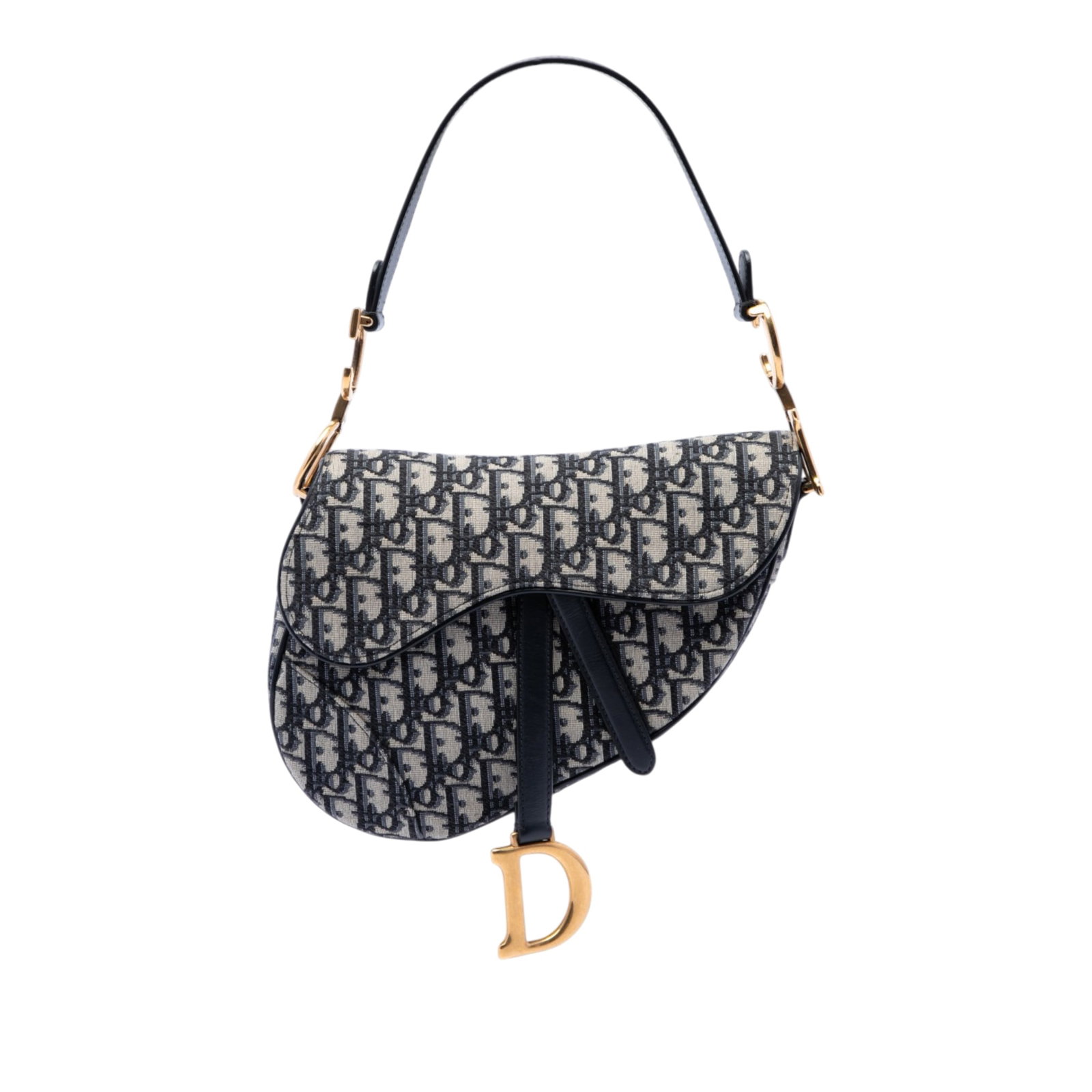 Dior Saddle Bag in Blue Oblique Canvas with Leather Trim: Dior Saddle Bag in Blue Oblique Canvas with Leather Trim Dior Oblique Canvas Saddle Bag crafted with a canvas body and leather trim. This bag features a flat leather strap, a front flap with magnetic 