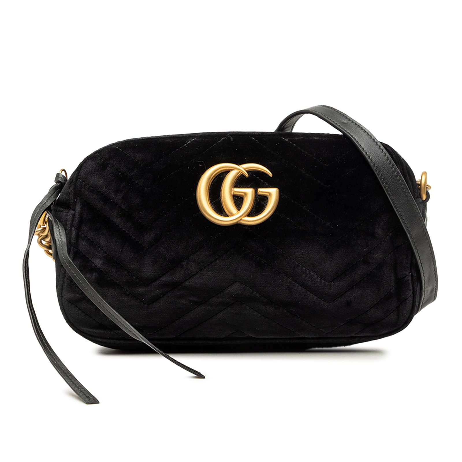 Gucci GG Marmont Small Velvet Crossbody Bag Black: Gucci GG Marmont Small Velvet Crossbody Bag Black A Gucci Small GG Marmont Matelasse crossbody bag crafted in black velvet with a chain link strap, top zip closure, and an interior slip pocket. Made i