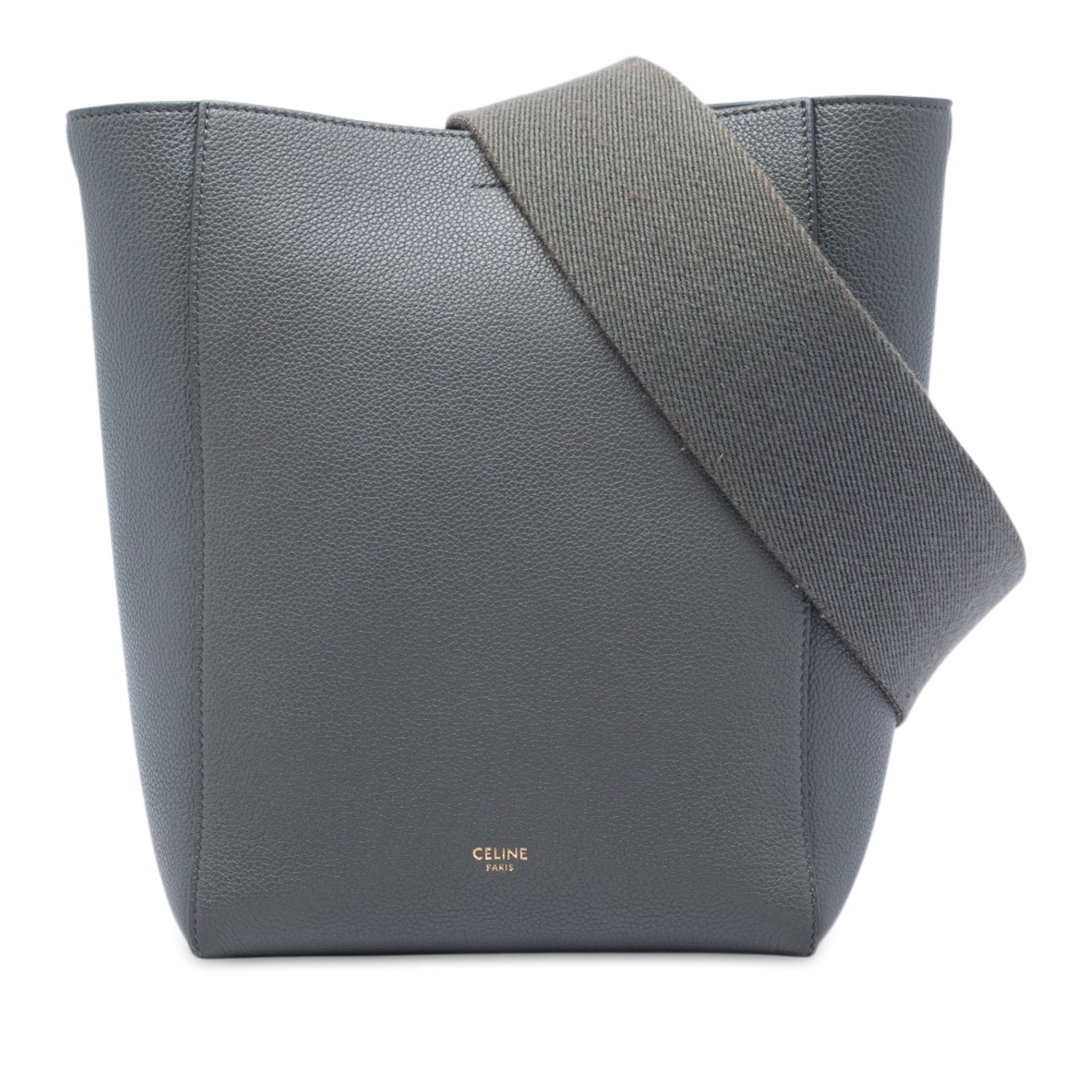 Celine Seau Sangle Small Grained Calfskin Bucket Bag Gray: Celine Seau Sangle Small Grained Calfskin Bucket Bag Gray A Celine Seau Sangle bucket bag crafted in soft grained calfskin leather. This bag features a detachable flat canvas strap, an open top with h
