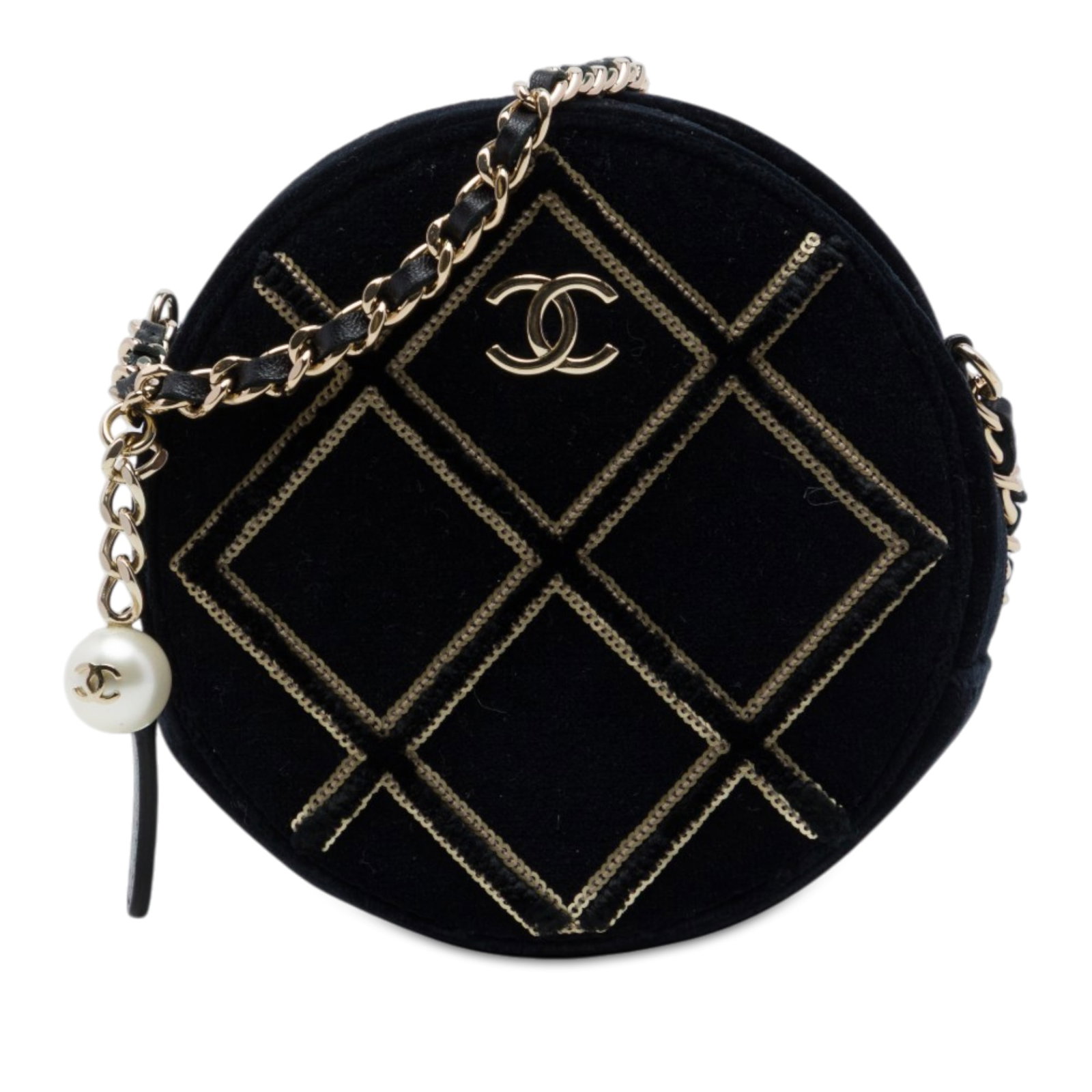 Chanel Velvet Pearl Sequin Round Crossbody Bag Black: Chanel Velvet Pearl Sequin Round Crossbody Bag Black Round Chanel crossbody bag crafted with a sequin-embellished quilted velvet body and a leather-woven chain shoulder strap accented with faux pearl 