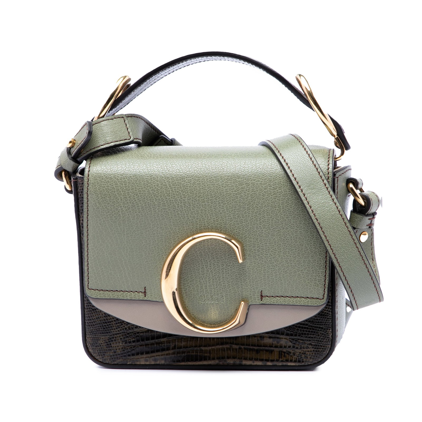 Chloe Mini C Satchel Tricolor Croc Embossed Calfskin Leather: Chloe Mini C Satchel Tricolor Croc Embossed Calfskin Leather Mini satchel in tricolor croc embossed calfskin with a structured silhouette, top handle, and flat leather shoulder strap. The design featu