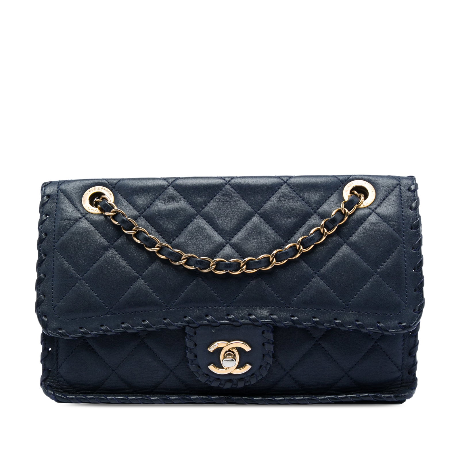 Chanel Happy Stitch Medium Flap Bag Blue Iridescent Quilted Calfskin: Chanel Happy Stitch Medium Flap Bag Blue Iridescent Quilted Calfskin A Chanel Medium Happy Stitch Flap crafted in blue iridescent quilted calfskin. This flap bag features a leather-woven chain strap w