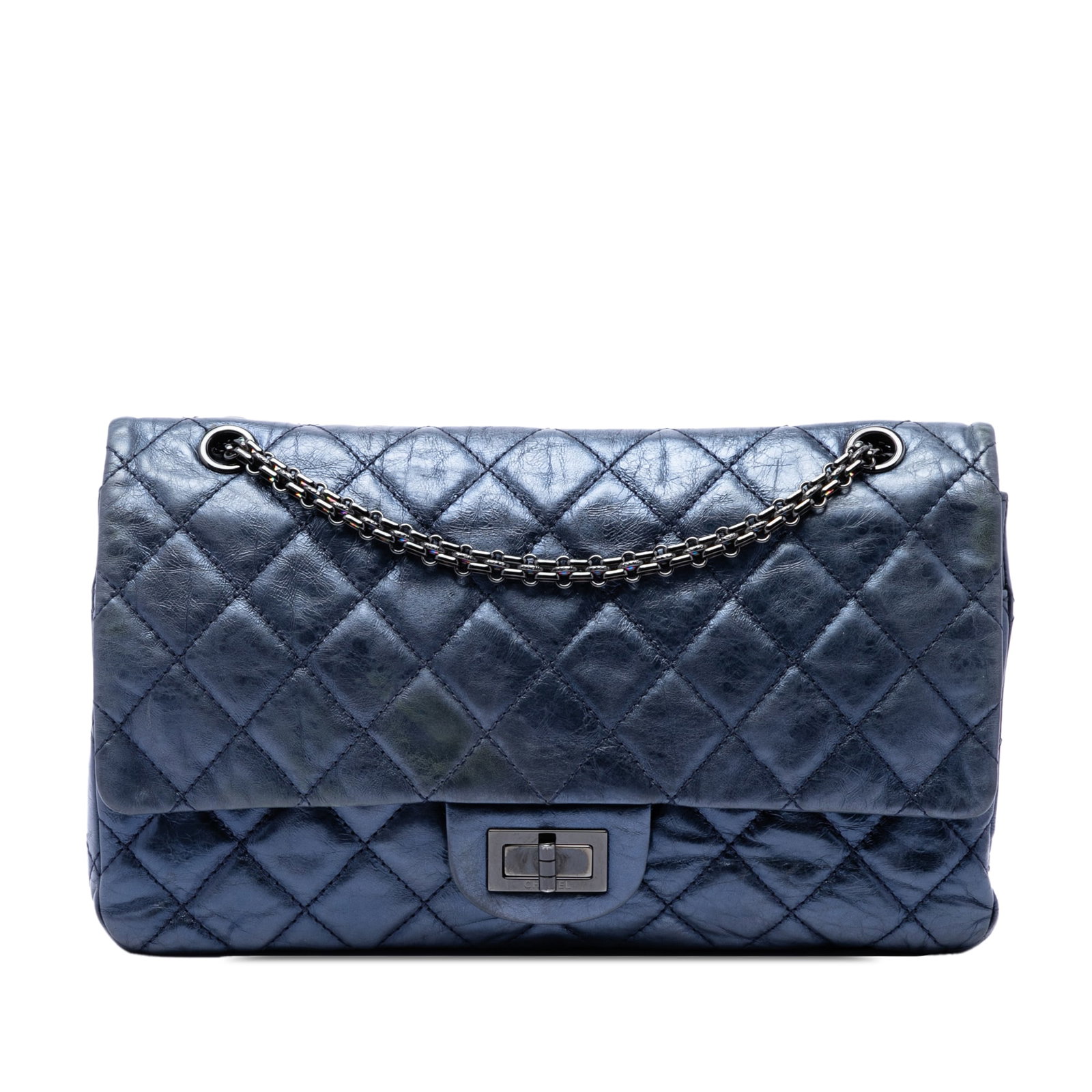 Chanel Reissue 2.55 227 Metallic Blue Quilted Calfskin Shoulder Bag: Chanel Reissue 2.55 227 Metallic Blue Quilted Calfskin Shoulder Bag Chanel Reissue 2.55 Double Flap 227 shoulder bag in blue quilted metallic aged calfskin. This bag features chain link shoulder strap