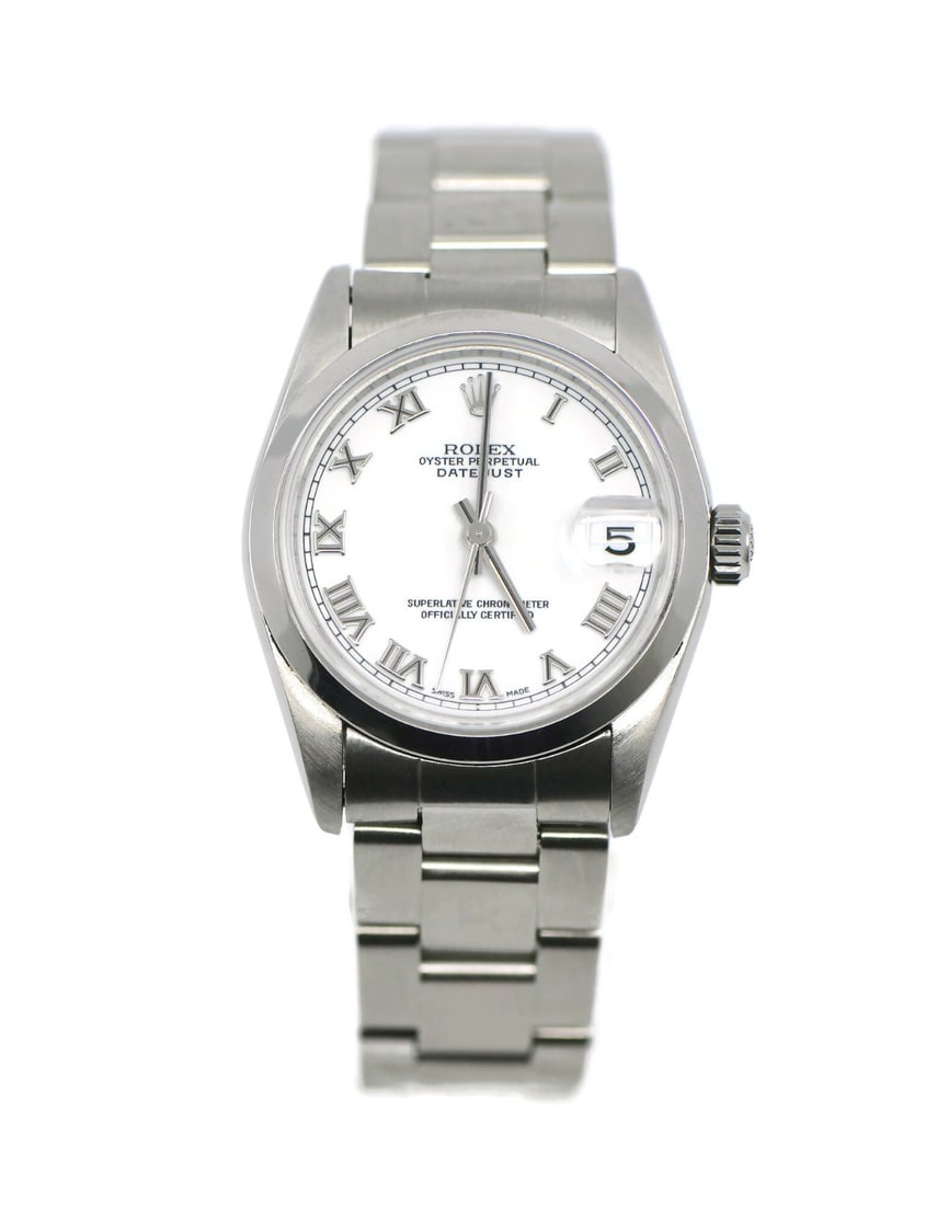 Rolex Datejust 78240 31 mm stainless steel wristwatch with box papers: Rolex Datejust 78240 31 mm stainless steel wristwatch with box papers Rolex Datejust reference 78240 in stainless steel with a classic white dial, Roman numeral hour markers, and a smooth silver-tone 