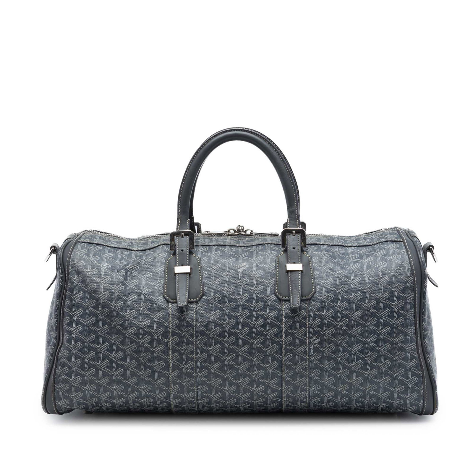 Goyard Goyardine Croisiere 45 Gray Coated Canvas Travel Bag: Goyard Goyardine Croisiere 45 Gray Coated Canvas Travel Bag The Goyardine Croisiere 45 is a gray bag crafted with a coated canvas body and leather trim. It features structured leather handles, a top z