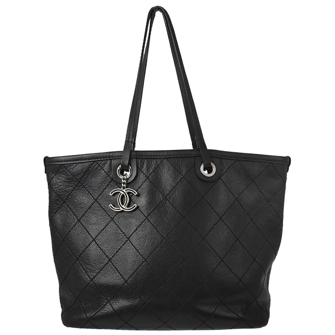CHANEL On The Road Shopping Fever black caviar leather tote: CHANEL On The Road Shopping Fever black caviar leather tote Chanel On The Road Shopping Fever tote bag in black caviar skin leather with double handles and logo accents. This large tote features inner