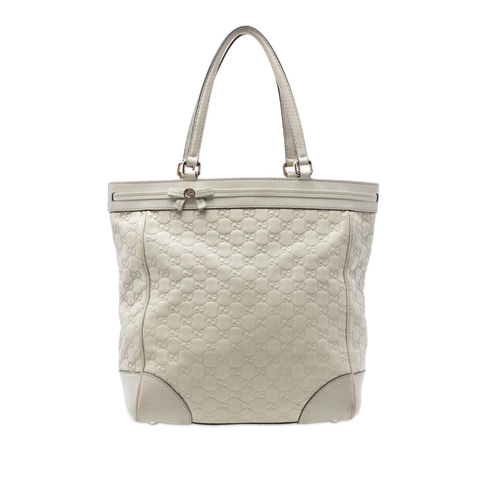 Gucci Guccissima embossed leather Mayfair tote bag: Gucci Guccissima embossed leather Mayfair tote bag This Guccissima Mayfair Tote features an embossed leather exterior in white, complemented by flat leather straps and a ribbon detail at the top panel