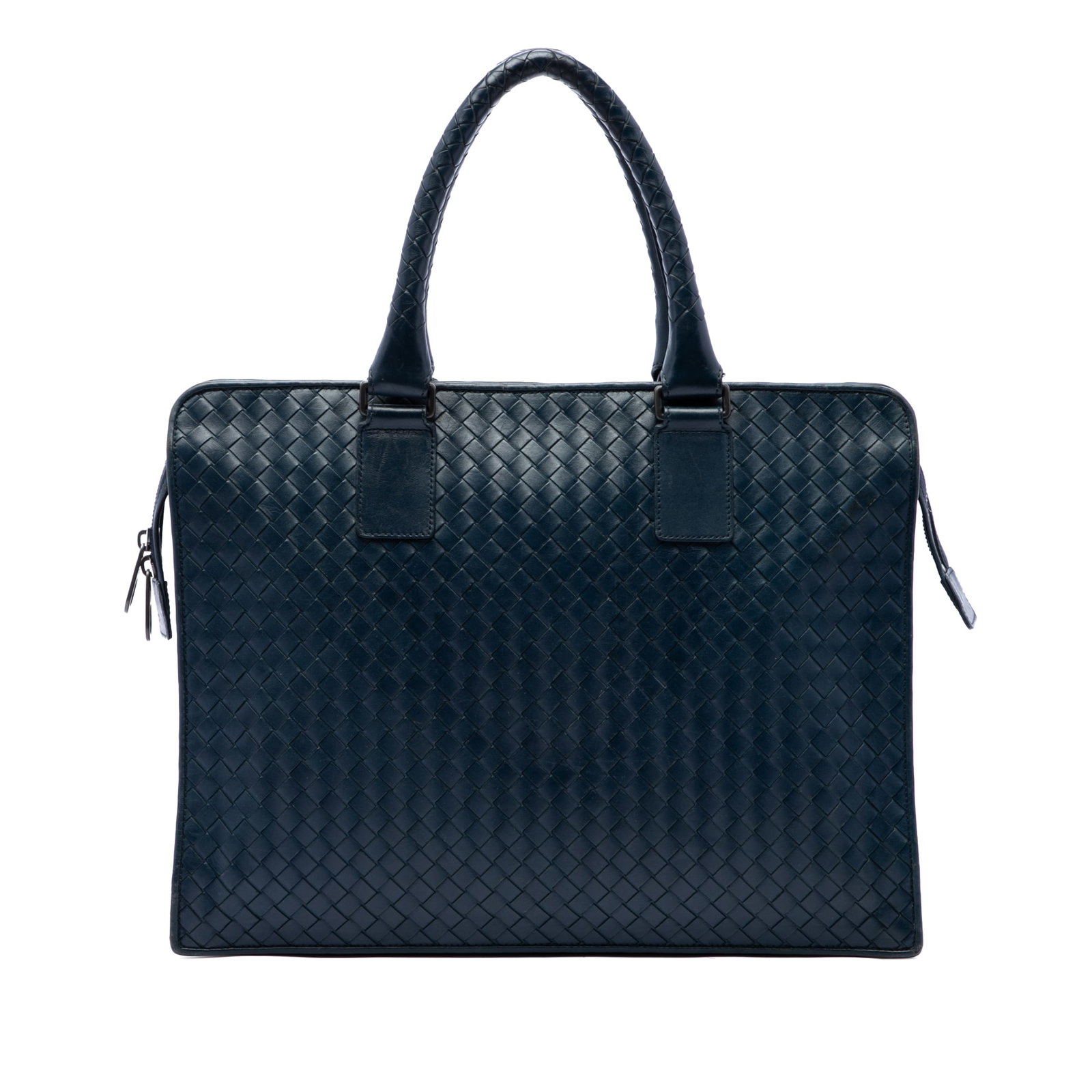 Blue Leather Business Bag Bottega Veneta Nappa Intrecciato: Blue Leather Business Bag Bottega Veneta Nappa Intrecciato A Bottega Veneta business bag crafted in blue woven nappa leather with rolled handles, a top zip closure, and interior slip compartments. Mad