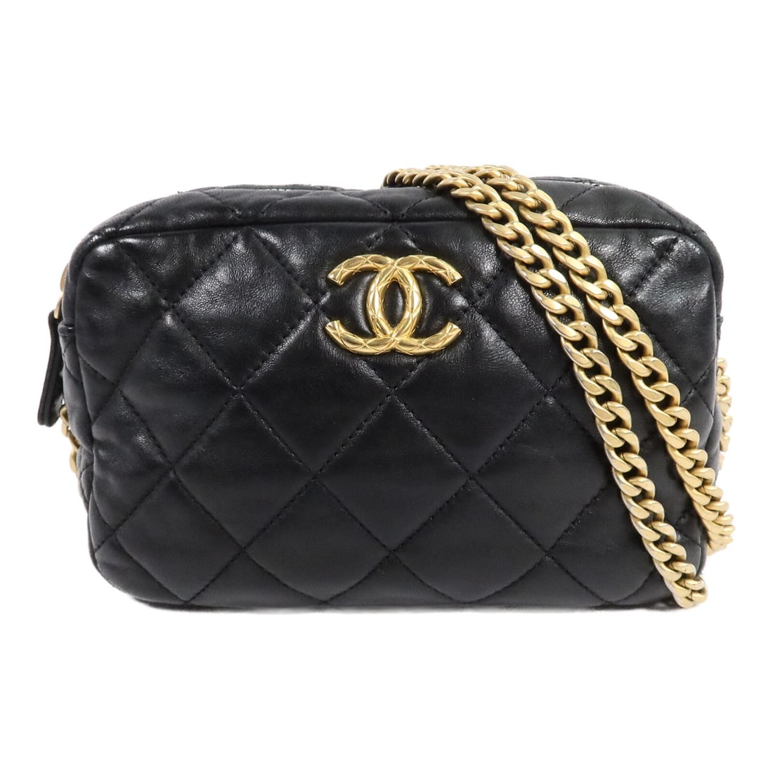 CHANEL Carmea CC shoulder bag black calfskin gold ball chain: CHANEL Carmea CC shoulder bag black calfskin gold ball chain Chanel Carmea shoulder bag in black calfskin leather with CC detailing and a gold ball chain shoulder strap. This women's bag features an i