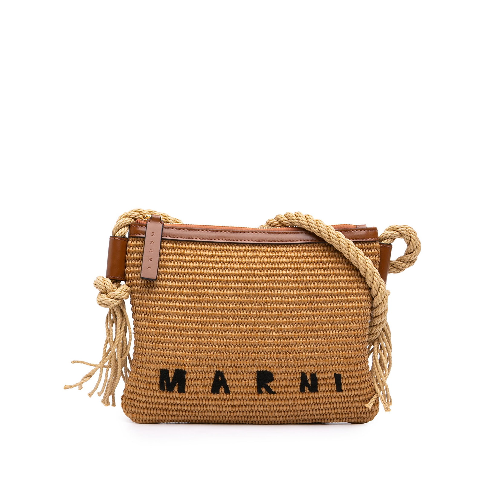 Marni Raffia Logo Crossbody Bag with Leather Trim: Marni Raffia Logo Crossbody Bag with Leather Trim Marni Raffia Logo Crossbody bag crafted with a raffia body and leather trim. It features a rope shoulder strap, top zip closure, and an interior with 