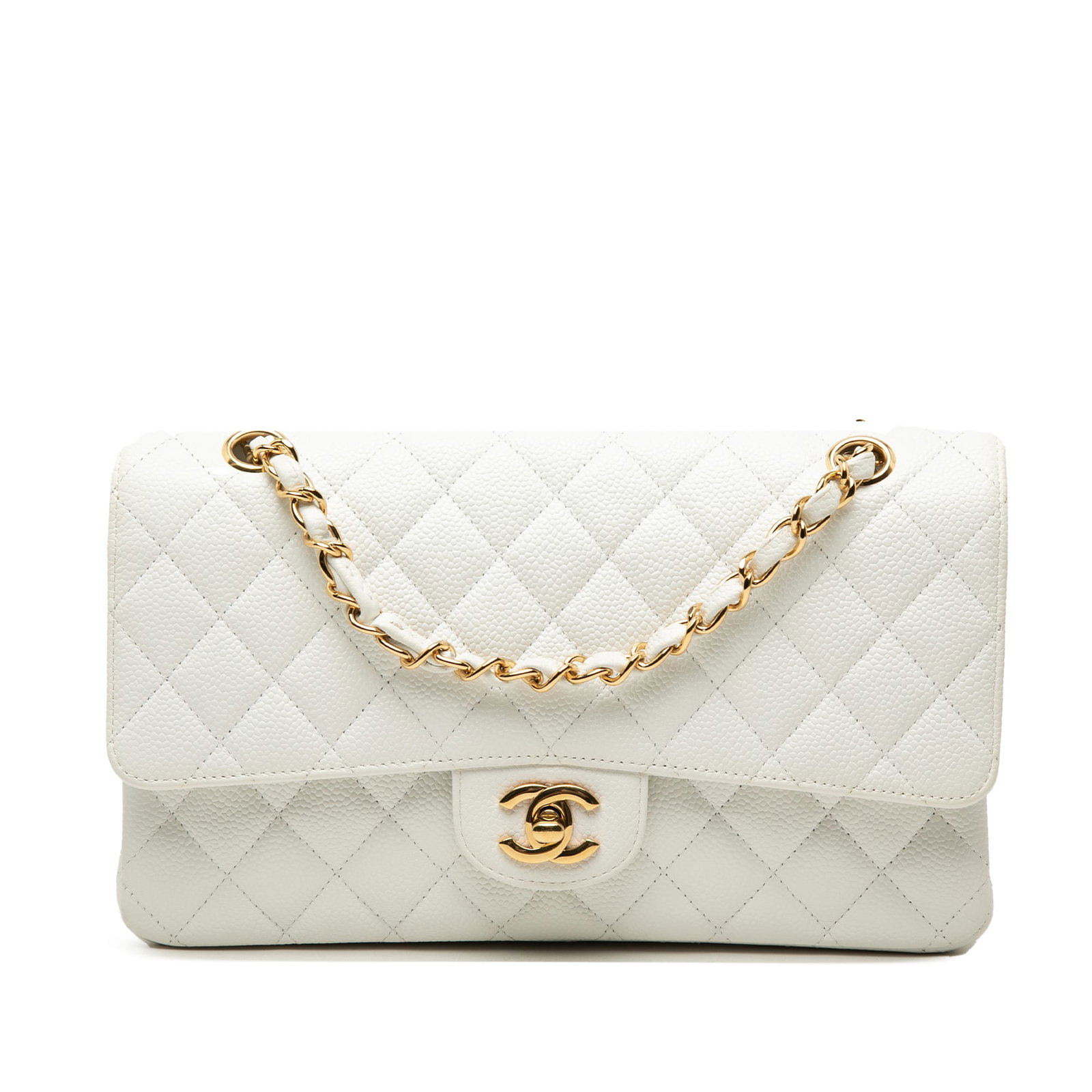 Chanel Medium Classic Double Flap Shoulder Bag White Caviar Leather: Chanel Medium Classic Double Flap Shoulder Bag White Caviar Leather Chanel Medium Classic Caviar Double Flap shoulder bag in white quilted caviar leather. It features leather-woven chain straps, doubl