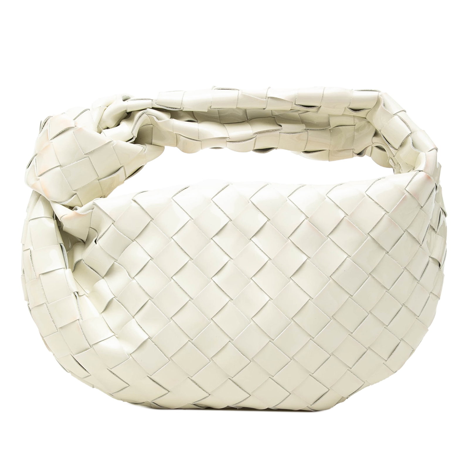 White Patent Leather Hobo Bag Bottega Veneta Mini Jodie: White Patent Leather Hobo Bag Bottega Veneta Mini Jodie A compact Bottega Veneta Mini Patent Intrecciato Jodie bag crafted in white patent leather with the signature woven body. It features a knotted 
