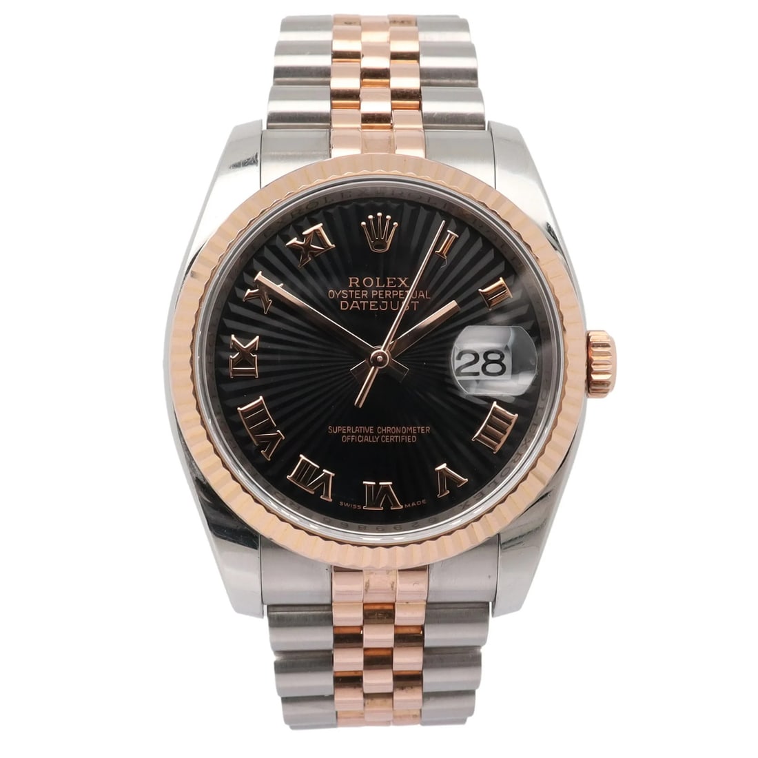 Rolex Datejust 116231 Mens 36 mm Steel and 18k Rose Gold Watch: Rolex Datejust 116231 Mens 36 mm Steel and 18k Rose Gold Watch Rolex Datejust 36 men's wristwatch with a black sunbeam dial, Roman numeral hour markers, and a fluted fixed bezel. This automatic watch 