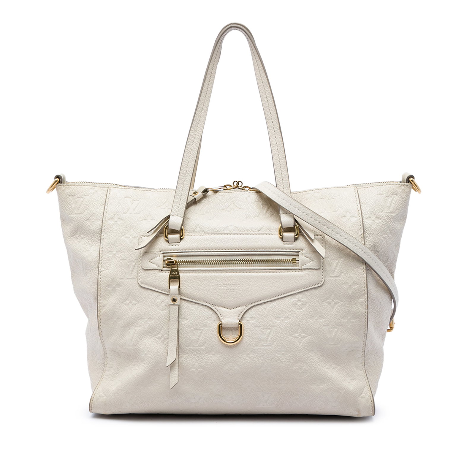 Louis Vuitton Lumineuse PM Monogram Empreinte Leather Satchel: Louis Vuitton Lumineuse PM Monogram Empreinte Leather Satchel A Louis Vuitton Monogram Empreinte Lumineuse PM handbag crafted in beige leather. This bag features flat leather handles, a detachable fla