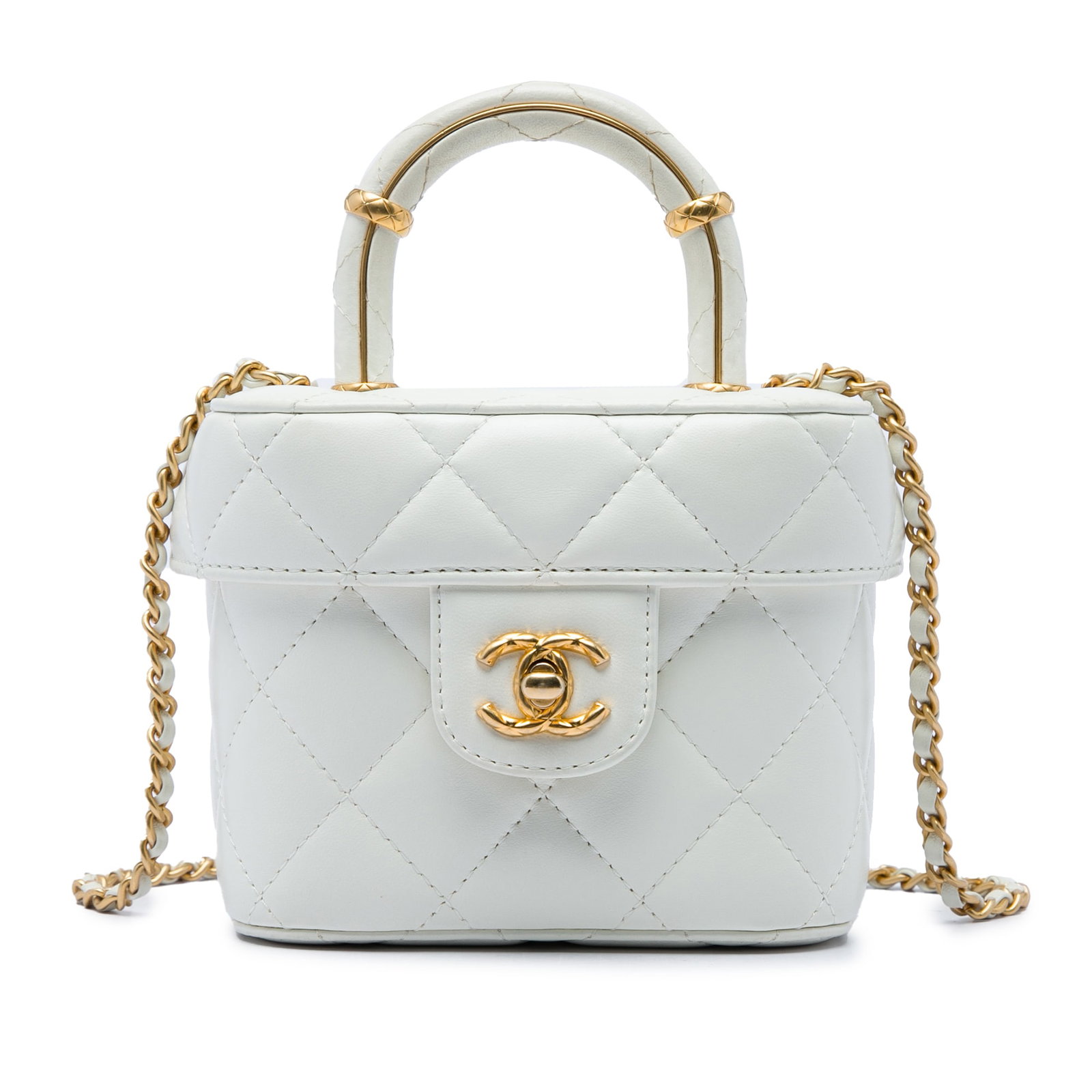 Chanel Mini CC Quilted Lambskin Vanity Case Top Handle Bag: Chanel Mini CC Quilted Lambskin Vanity Case Top Handle Bag Compact Chanel vanity cosmetic case crafted in white quilted lambskin leather with a rolled top handle and a leather-woven chain strap. The d